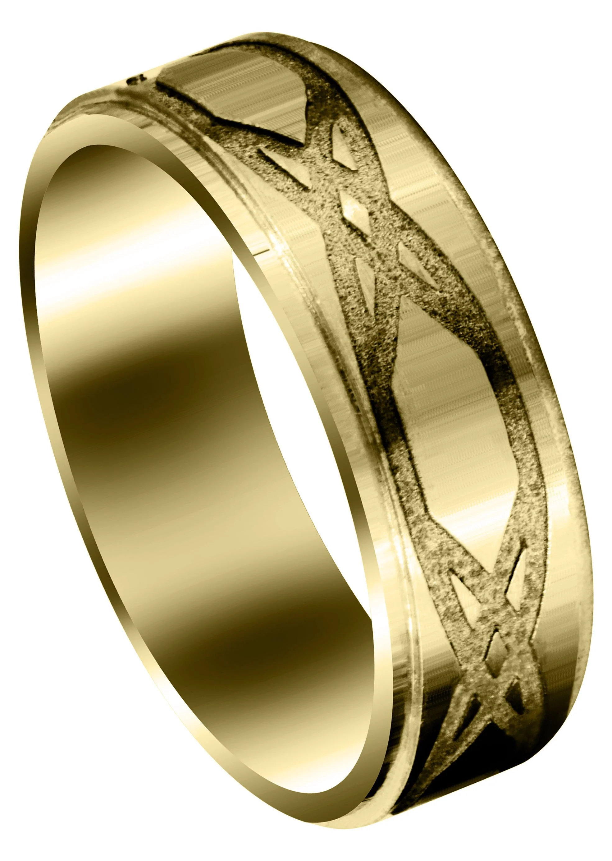 Yellow Gold Fancy Carved Contemporary Mens Wedding Band | Satin / Hish Polish Finish (Isaiah)