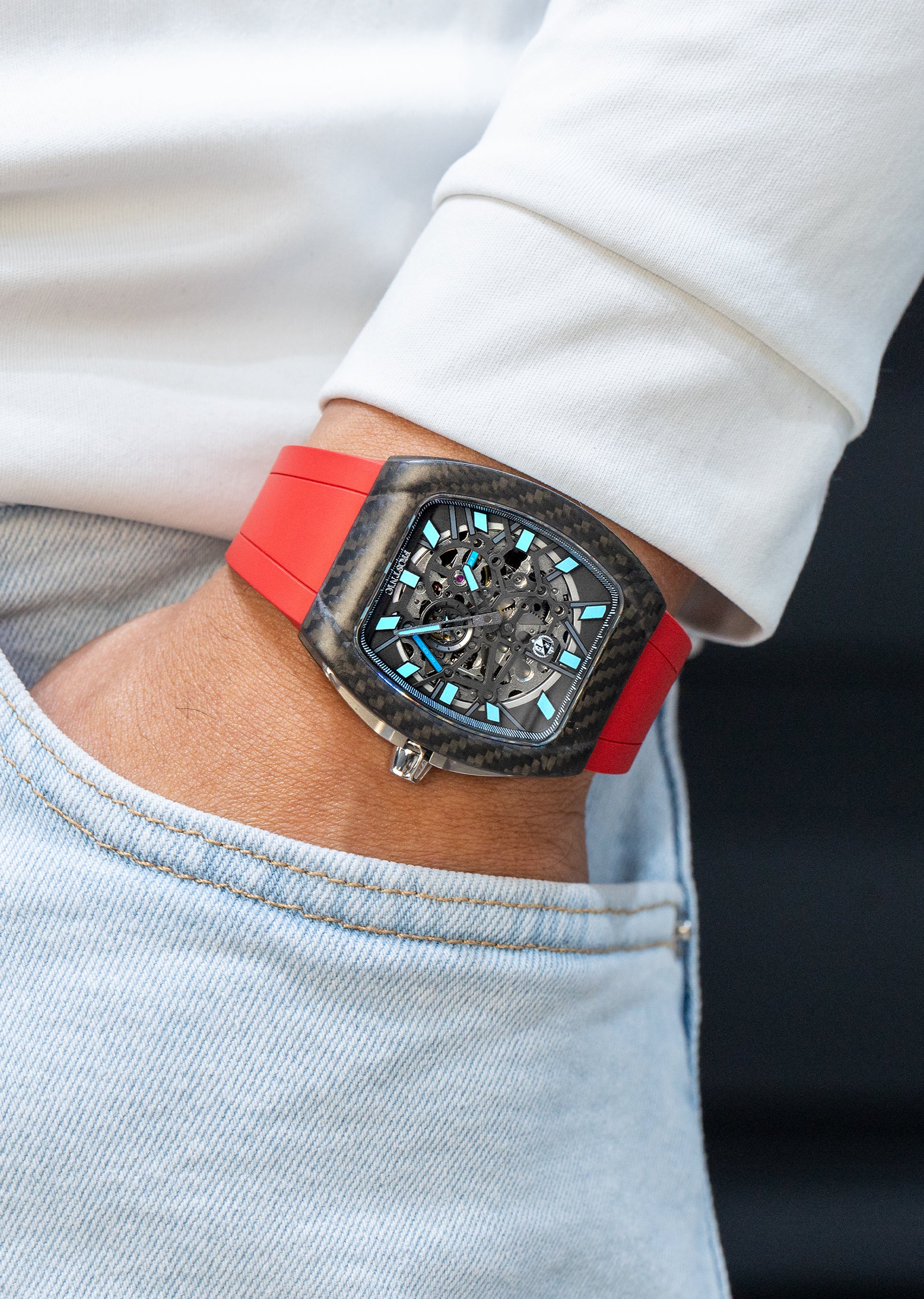 Frost NYC Mens Watch - Automatic Skeleton Carbon Fiber Sport Watch | FRST-01-CFS | Red - Image 2