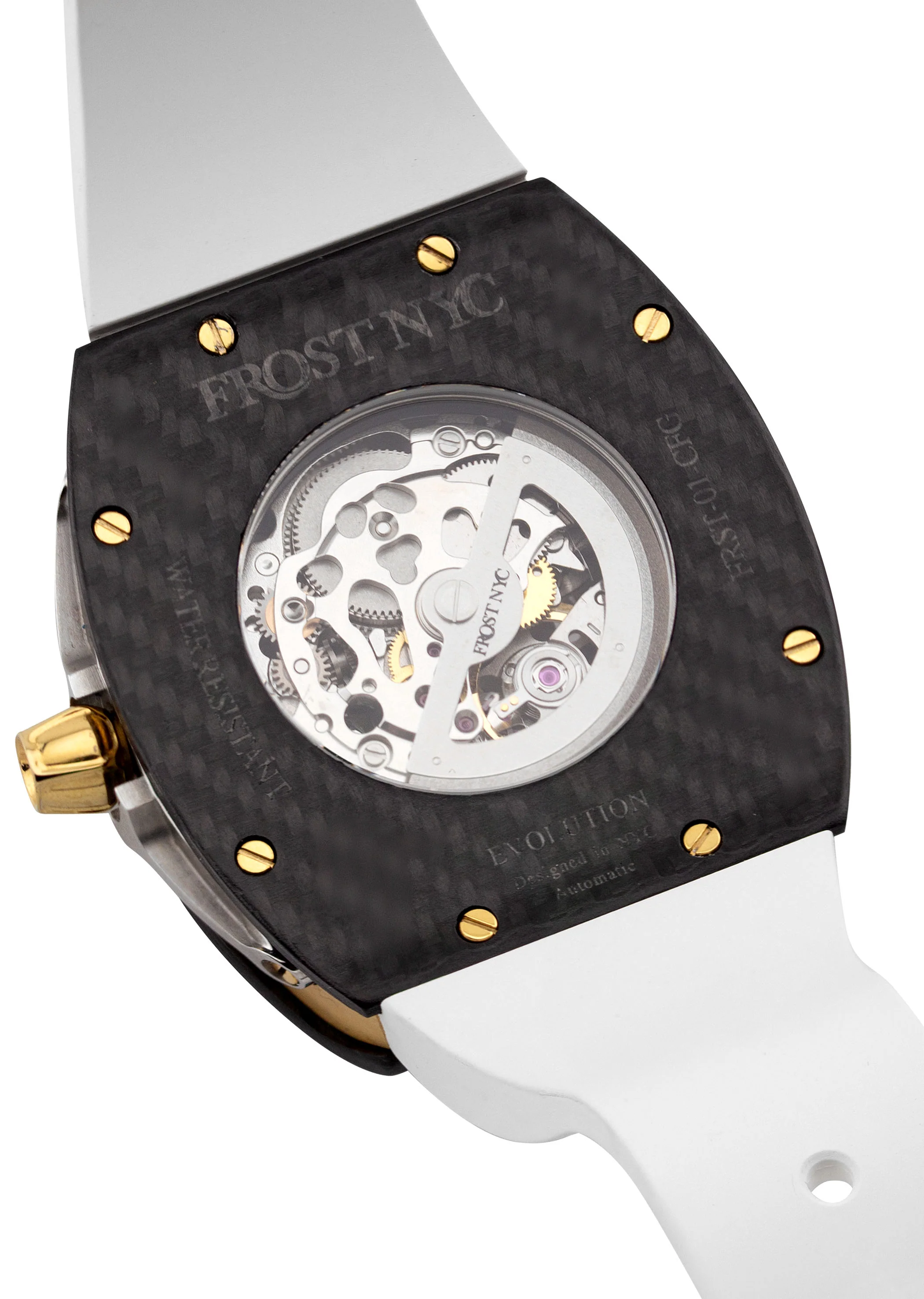 Frost NYC Mens Watch - Automatic Skeleton Carbon Fiber Sport Gold Watch | FRST-01-CFY| White - Image 8