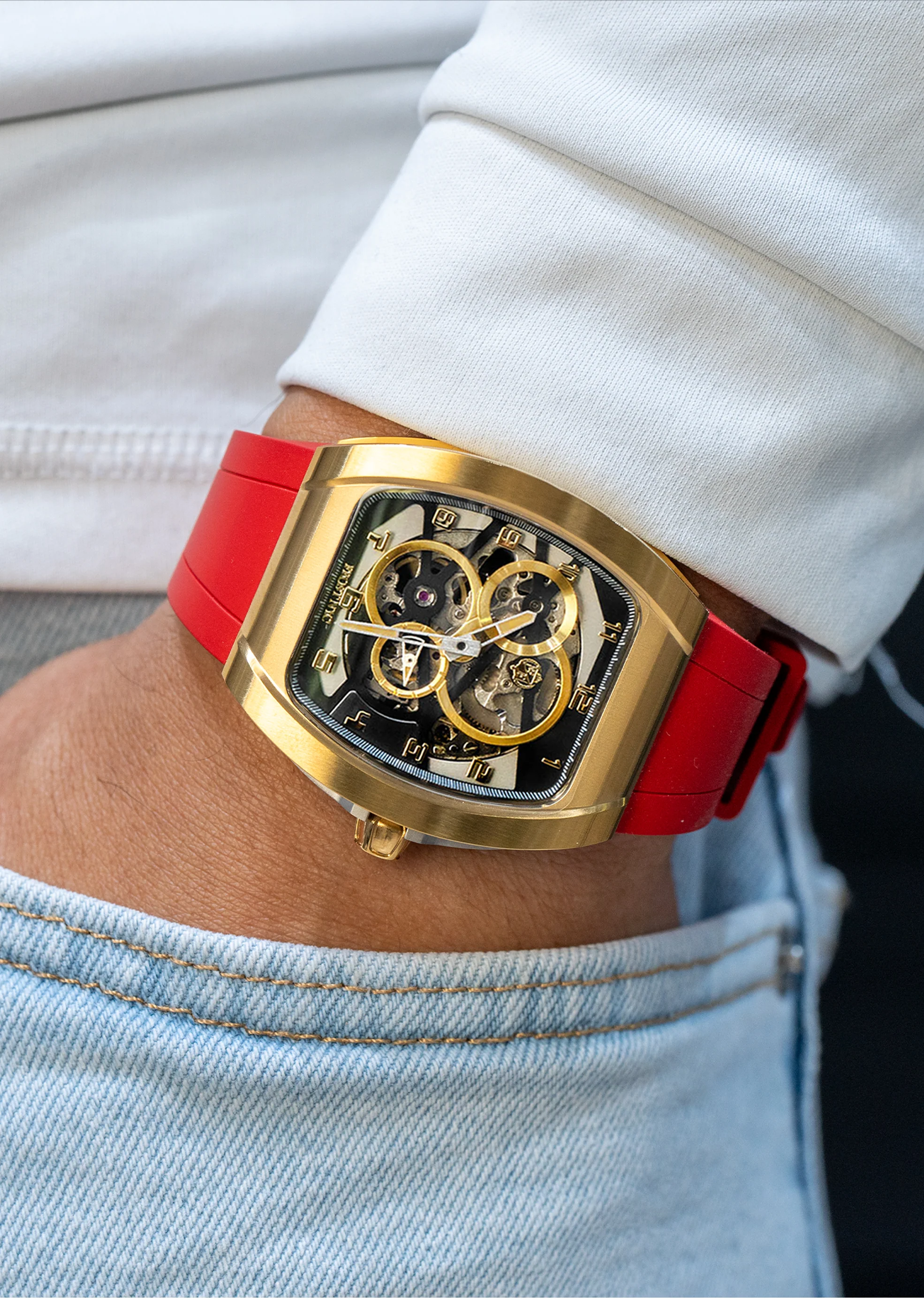 Frost NYC Mens Watch - Automatic Skeleton Sport Gold Watch | FRST-01-CY | Red - Image 2