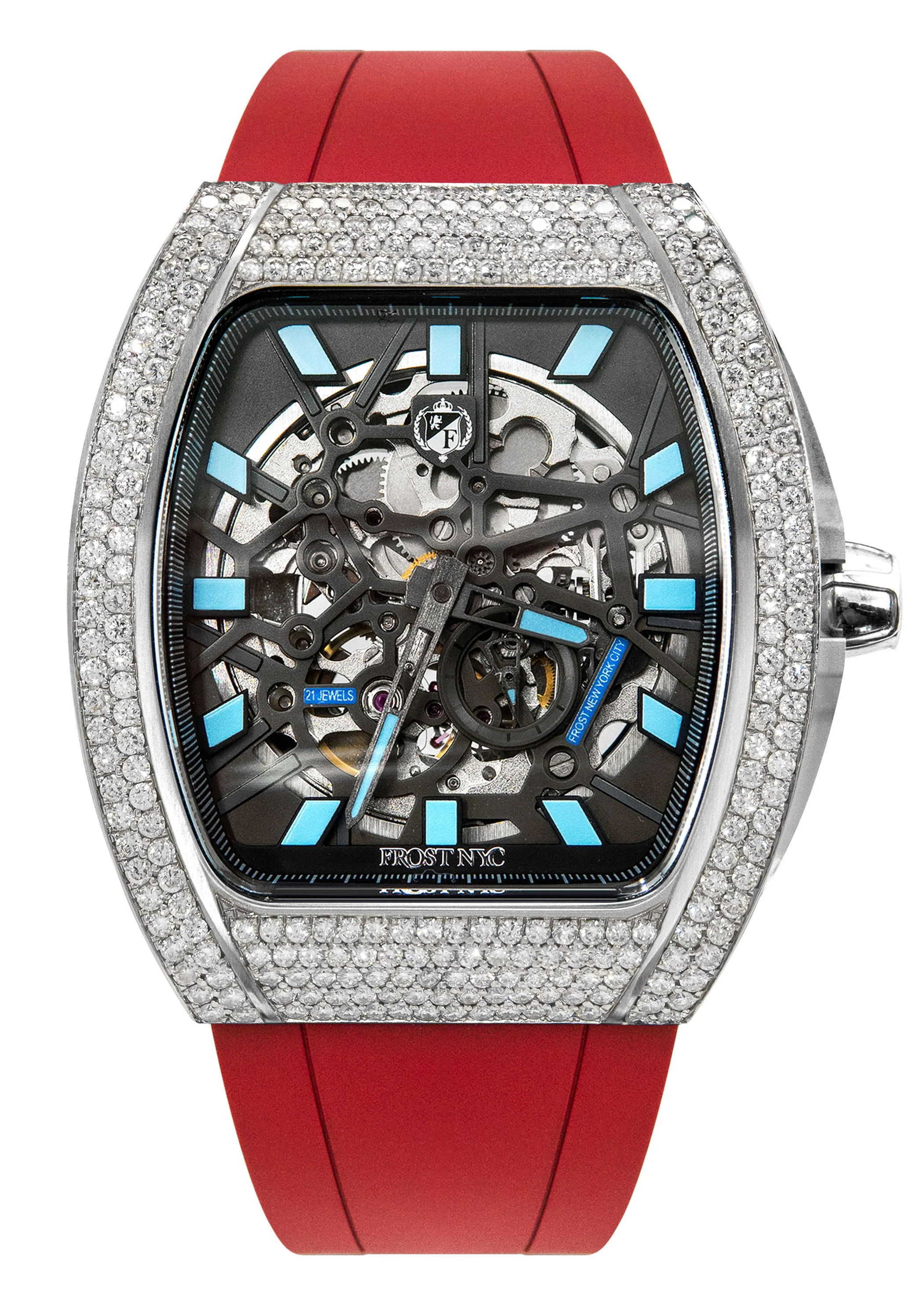 Frost NYC Mens Watch - Automatic Skeleton Stainless Steel Diamond Sport Watch | FRST-01-SS-D | Red