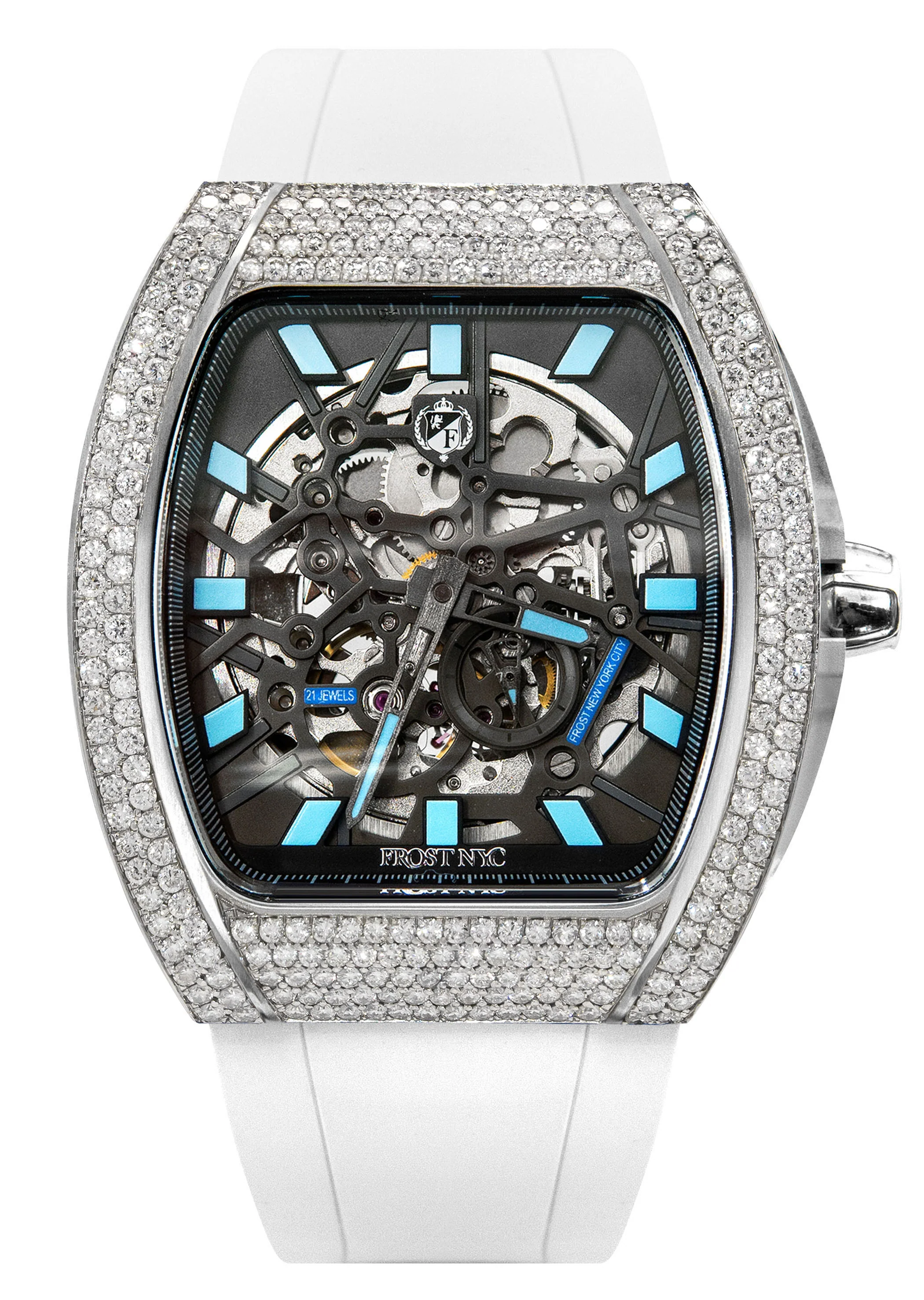 Frost NYC Mens Watch - Automatic Skeleton Stainless Steel Diamond Sport Watch | FRST-01-SS-D | White
