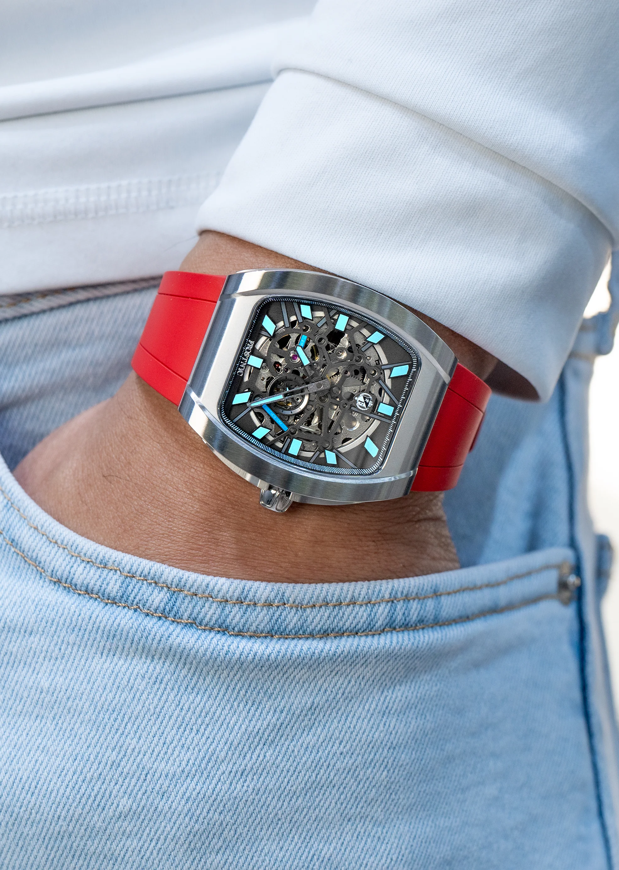 Frost NYC Mens Watch - Automatic Skeleton Stainless Steel Sport Watch | FRST-01-SS | Red - Image 2