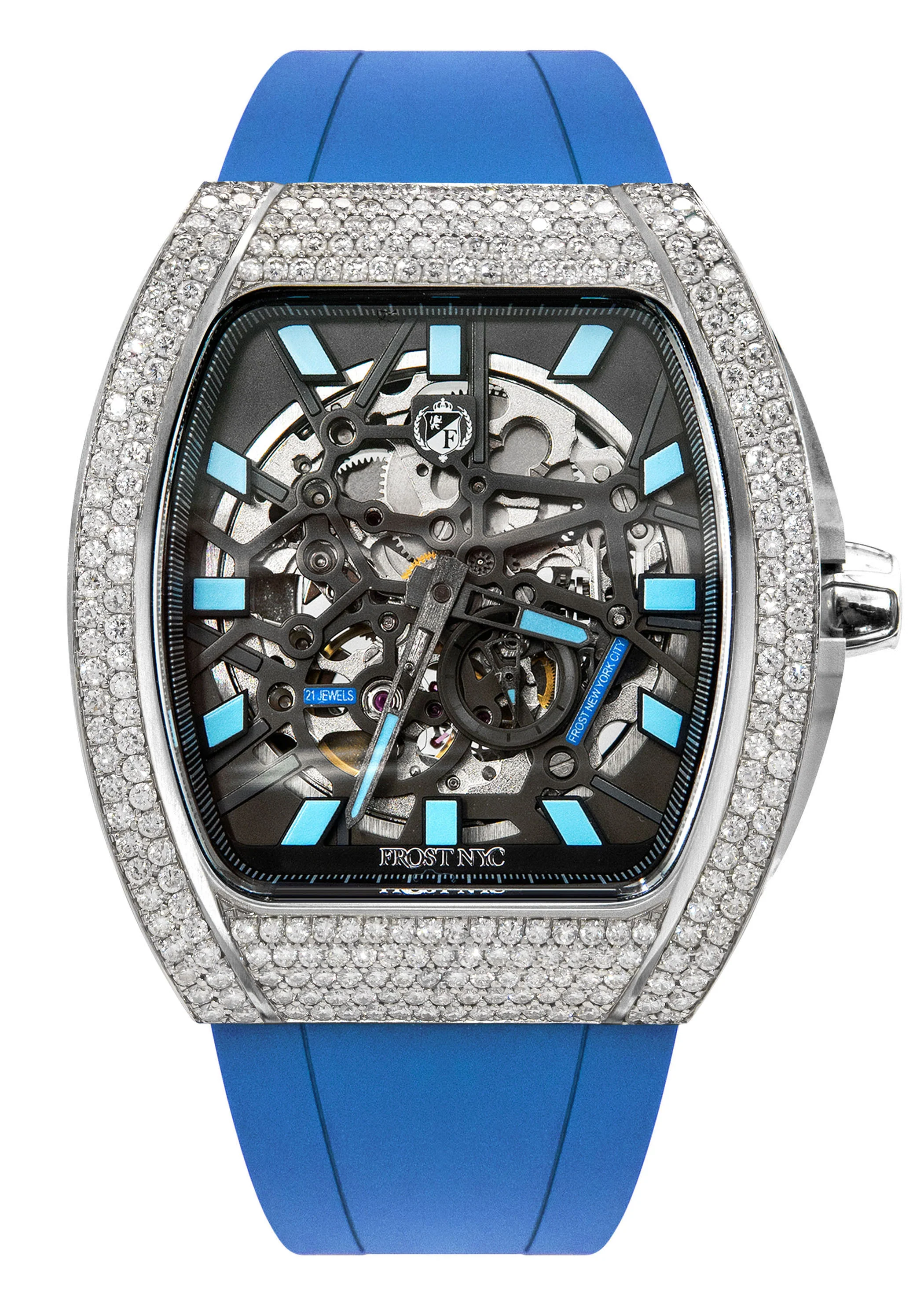 Frost NYC Mens Watch - Automatic Skeleton Stainless Steel Diamond Sport Watch | FRST-01-SS-D | Blue