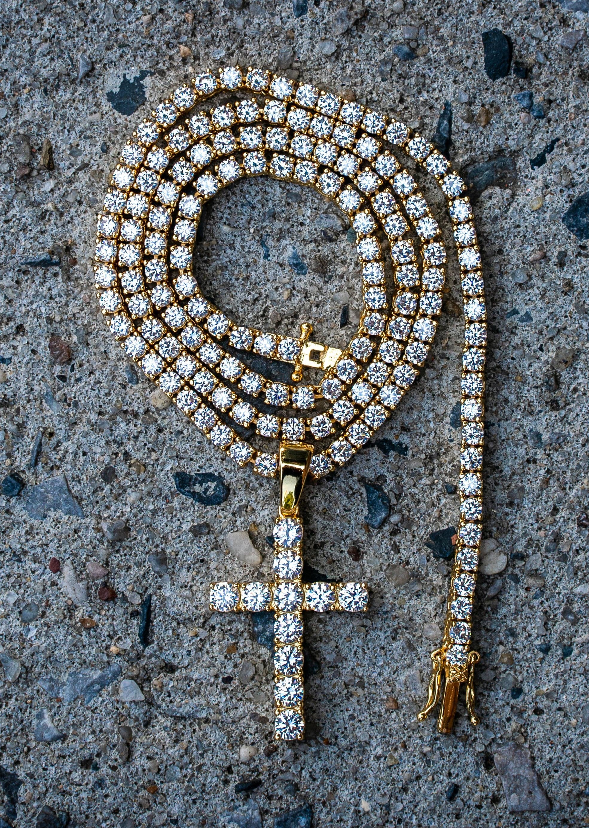 Gold Plated Iced Out Cross & Tennis Chain ( 3 MM )