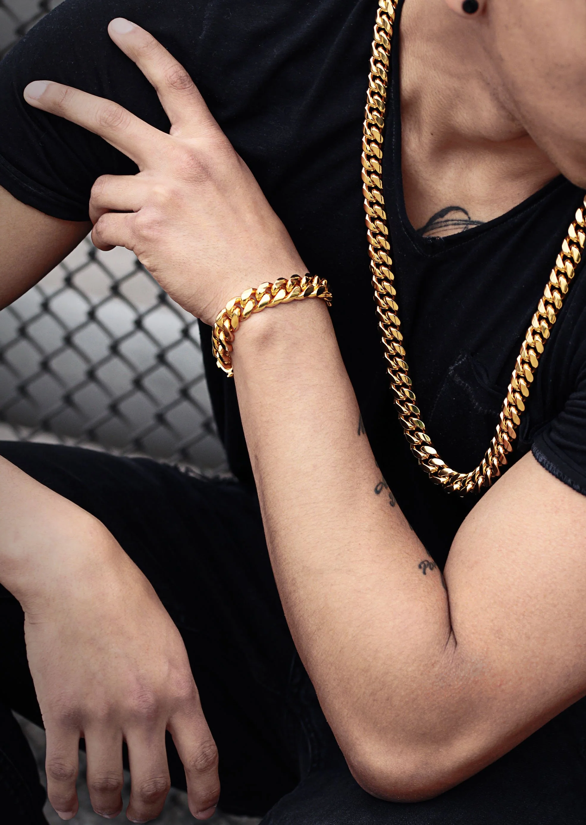 Solid Gold Plated Miami Cuban Link Chain & Bracelet ( 14 Mm ) - Image 3