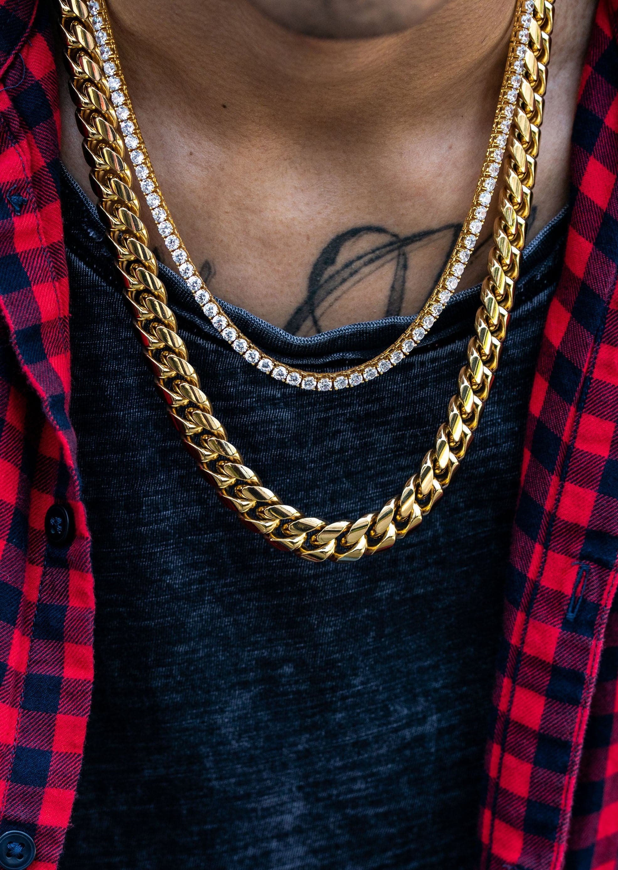 Gold Plated Solid Miami Cuban Link ( 14 MM ) & Tennis Chain - Image 3