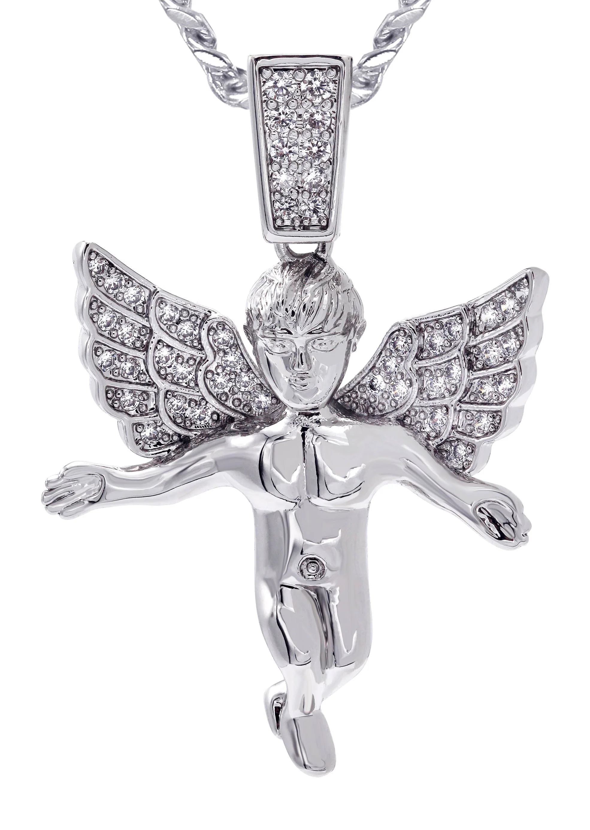 White Gold Plated Cuban Link Chain & Angel Pendant | Appx. 14.2 Grams - Image 2