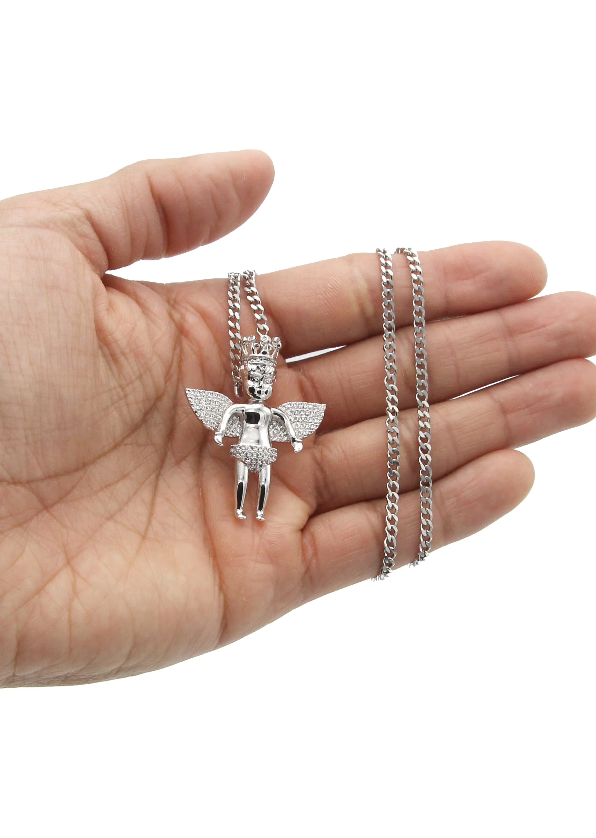 White Gold Plated Cuban Link Chain & Angel Pendant | Appx. 16.3 Grams - Image 5