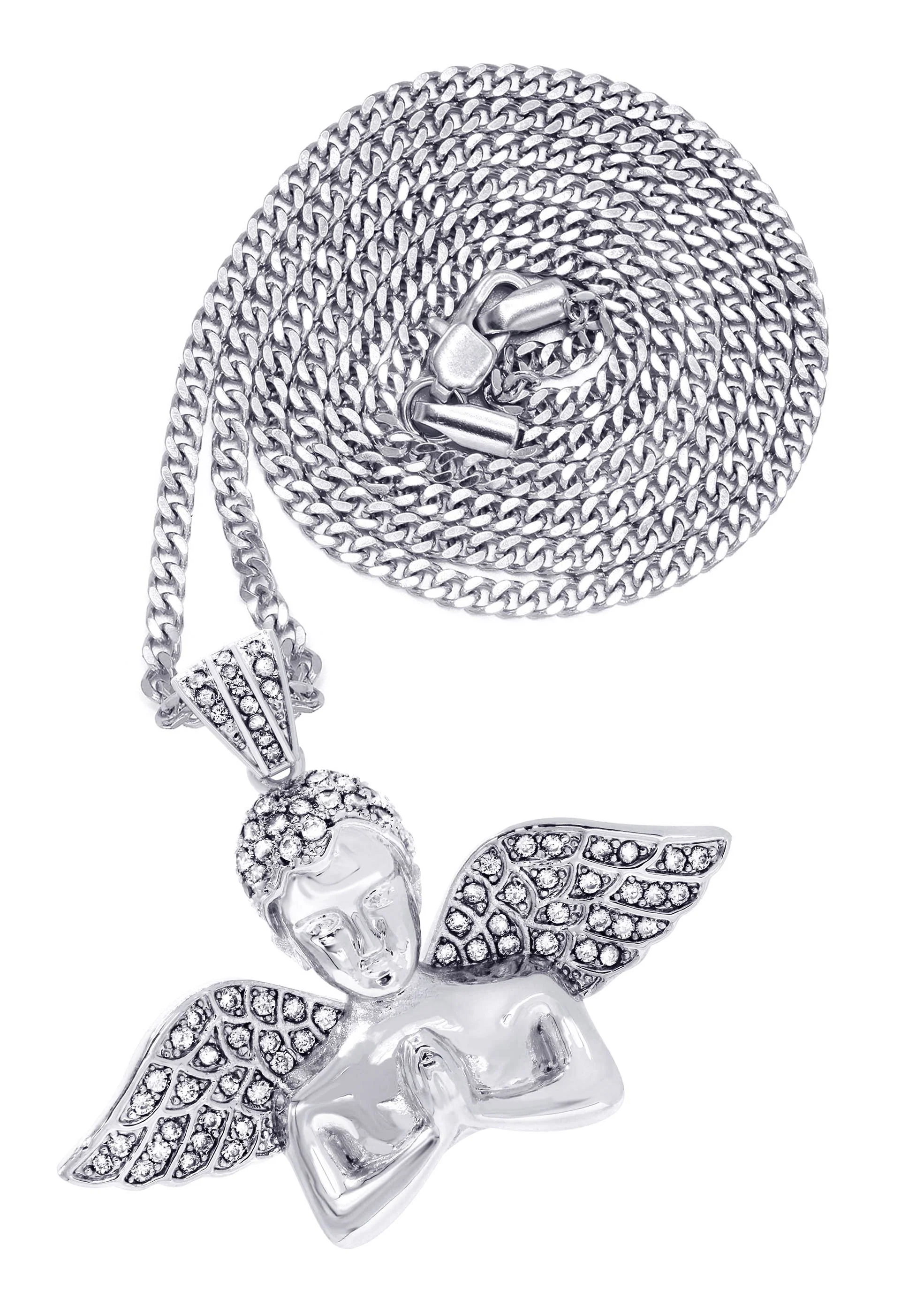 White Gold Plated Cuban Link Chain & Angel Pendant | Appx. 19.4 Grams