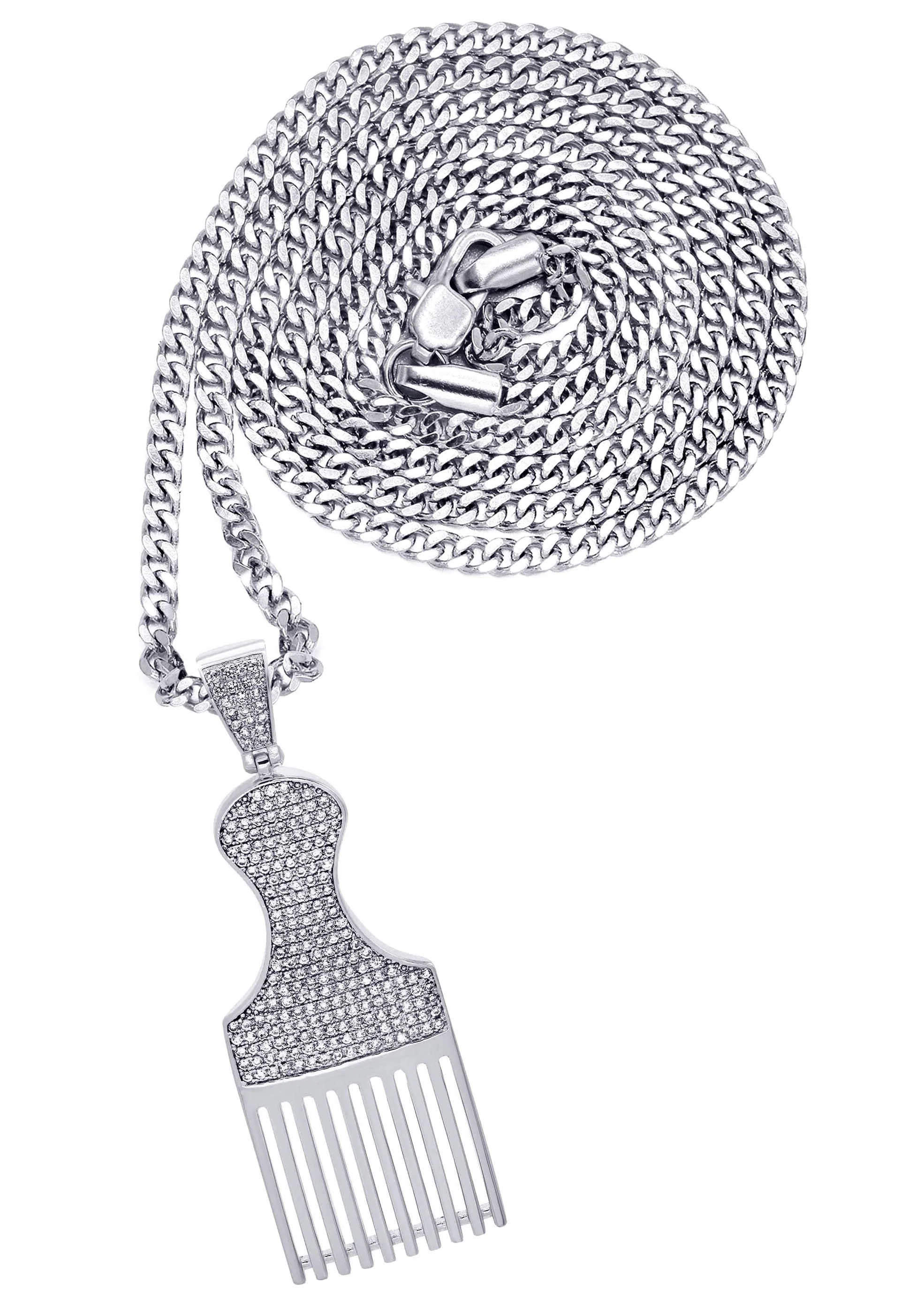 White Gold Plated Cuban Link Chain & Comb Pendant | Appx. 18 Grams