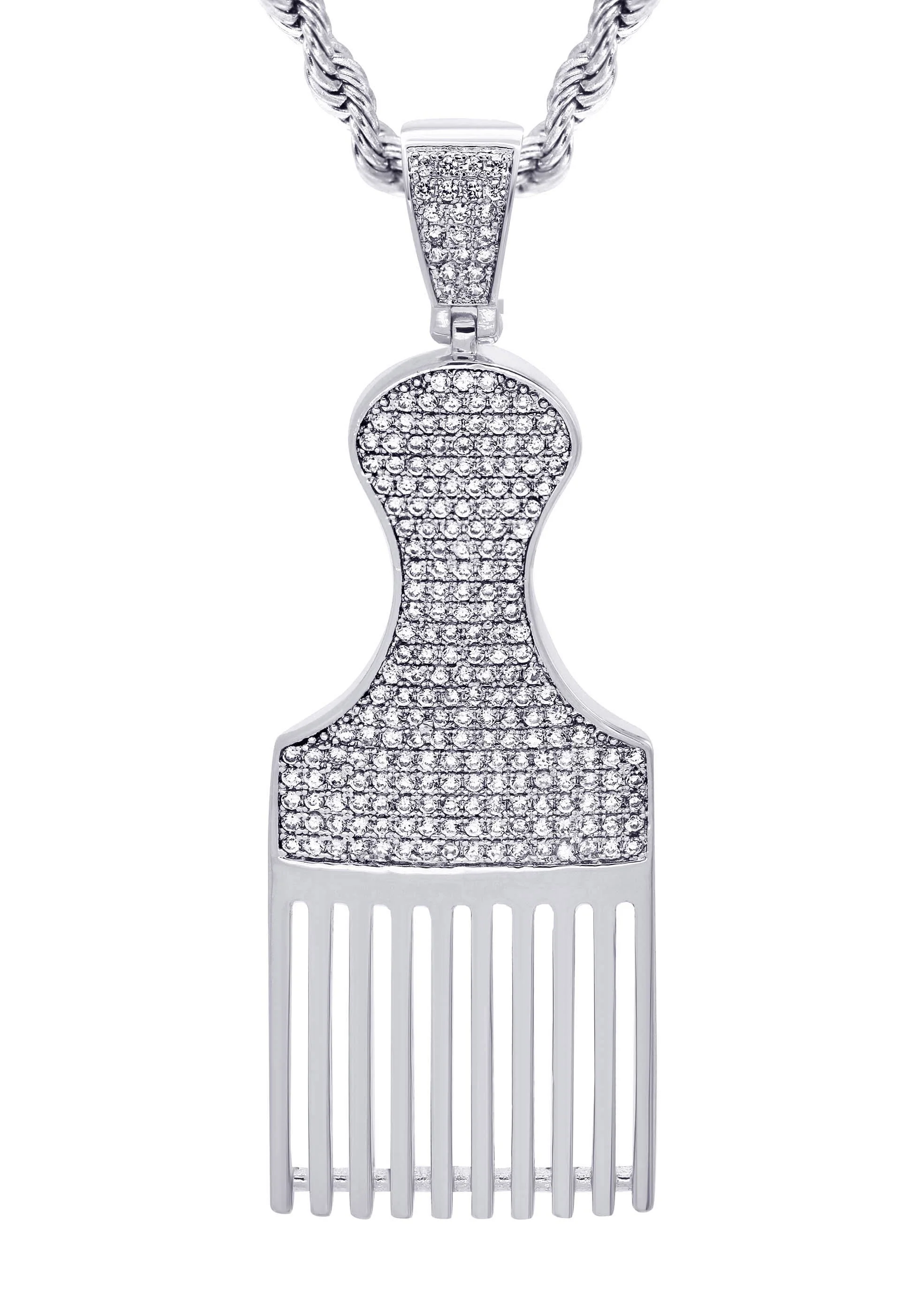 White Gold Plated Cuban Link Chain & Comb Pendant | Appx. 18 Grams - Image 2