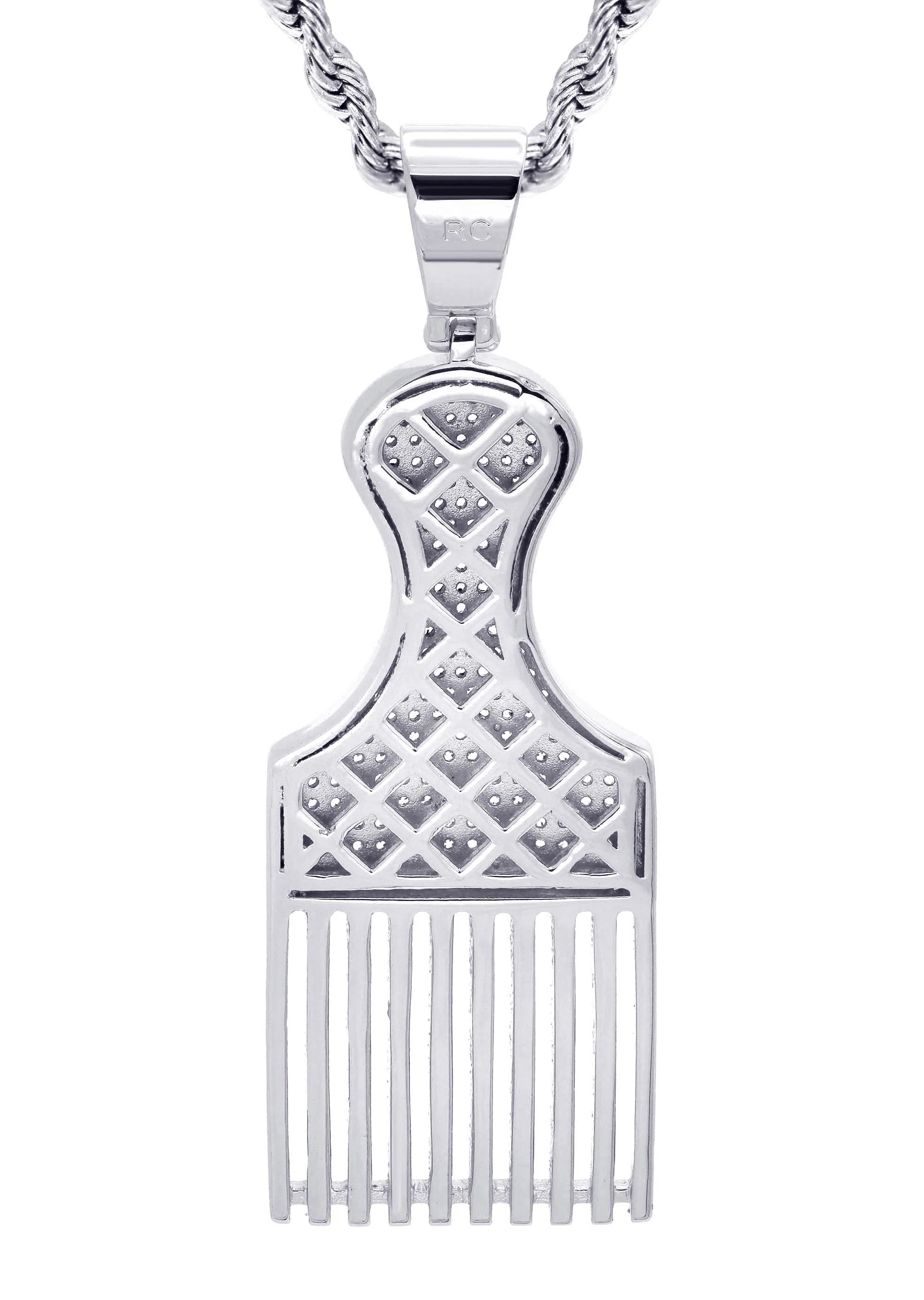 White Gold Plated Cuban Link Chain & Comb Pendant | Appx. 18 Grams - Image 3