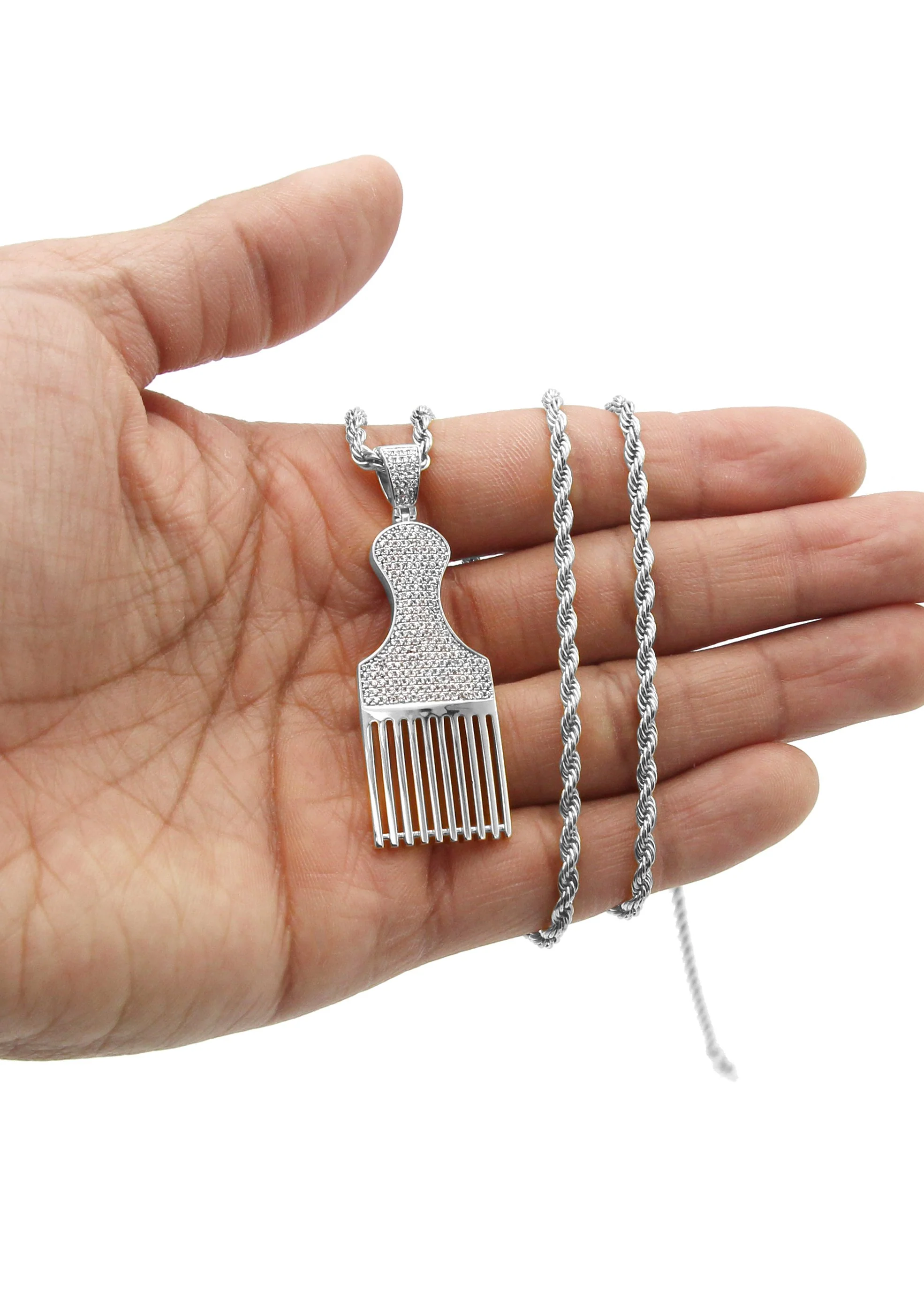 White Gold Plated Cuban Link Chain & Comb Pendant | Appx. 18 Grams - Image 5