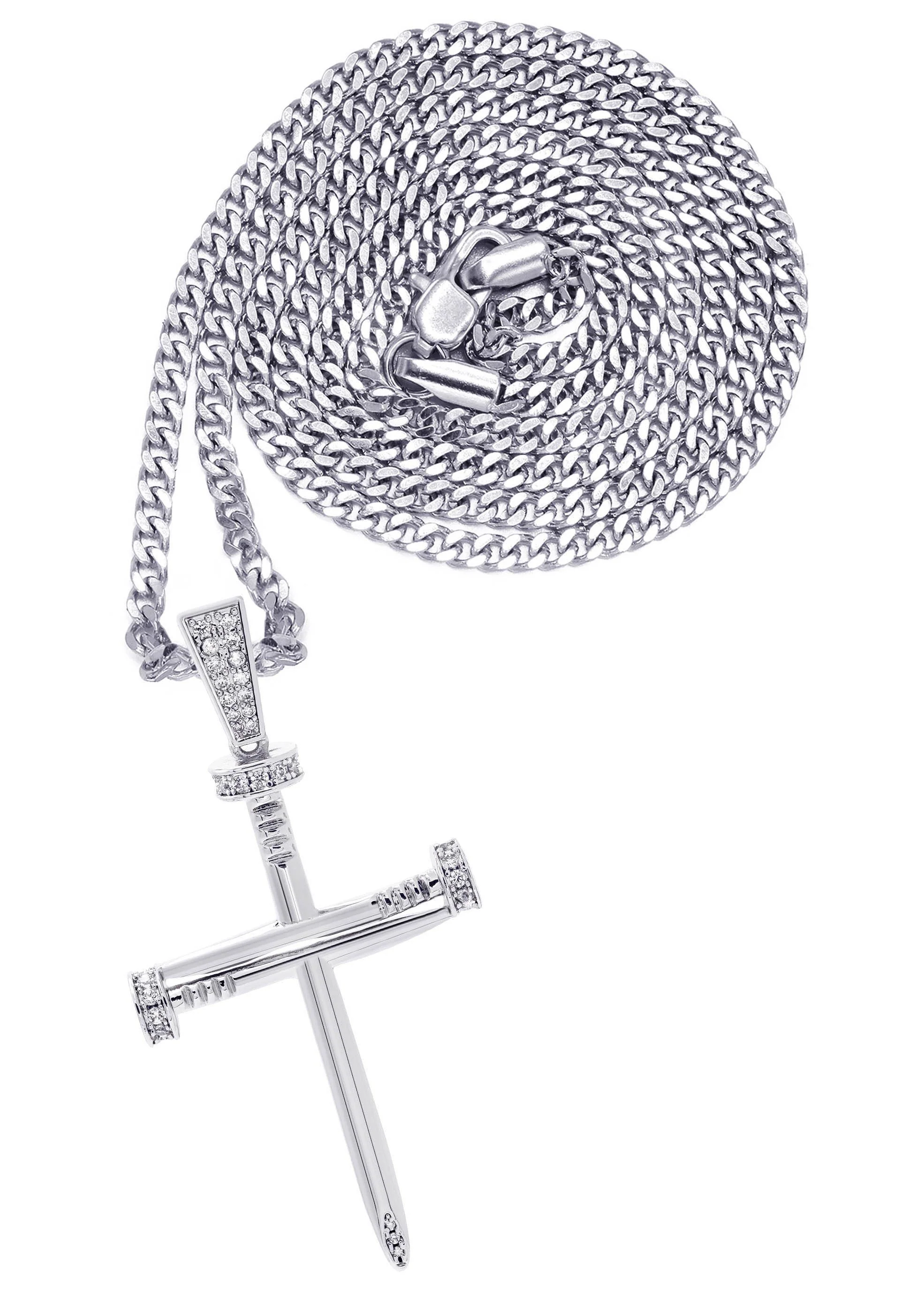 White Gold Plated Cuban Link Chain & Cross Pendant | Appx. 14.5 Grams