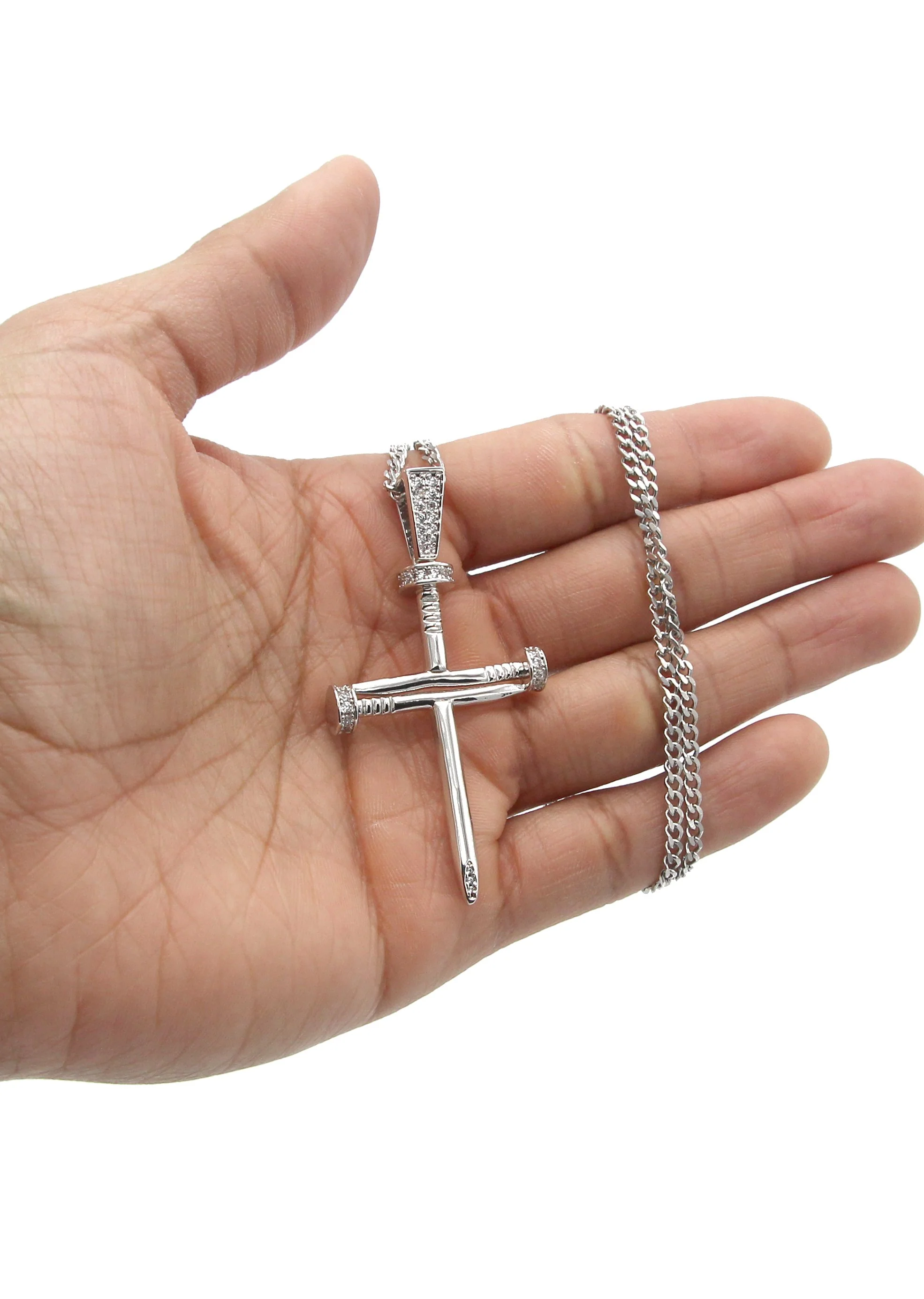 White Gold Plated Cuban Link Chain & Cross Pendant | Appx. 14.5 Grams - Image 5