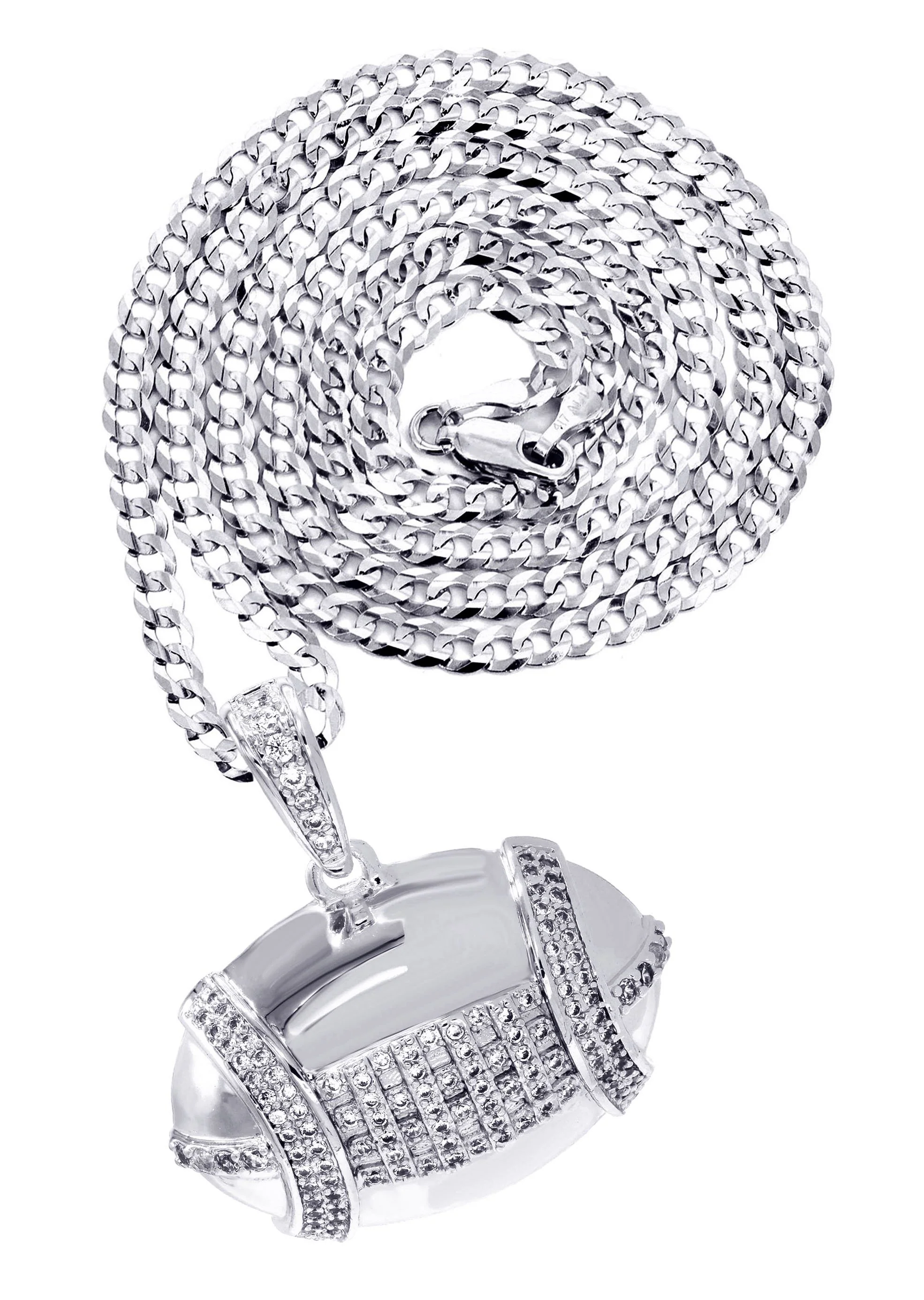 White Gold Plated Cuban Link Chain & Football Pendant | Appx. 15.3 Grams