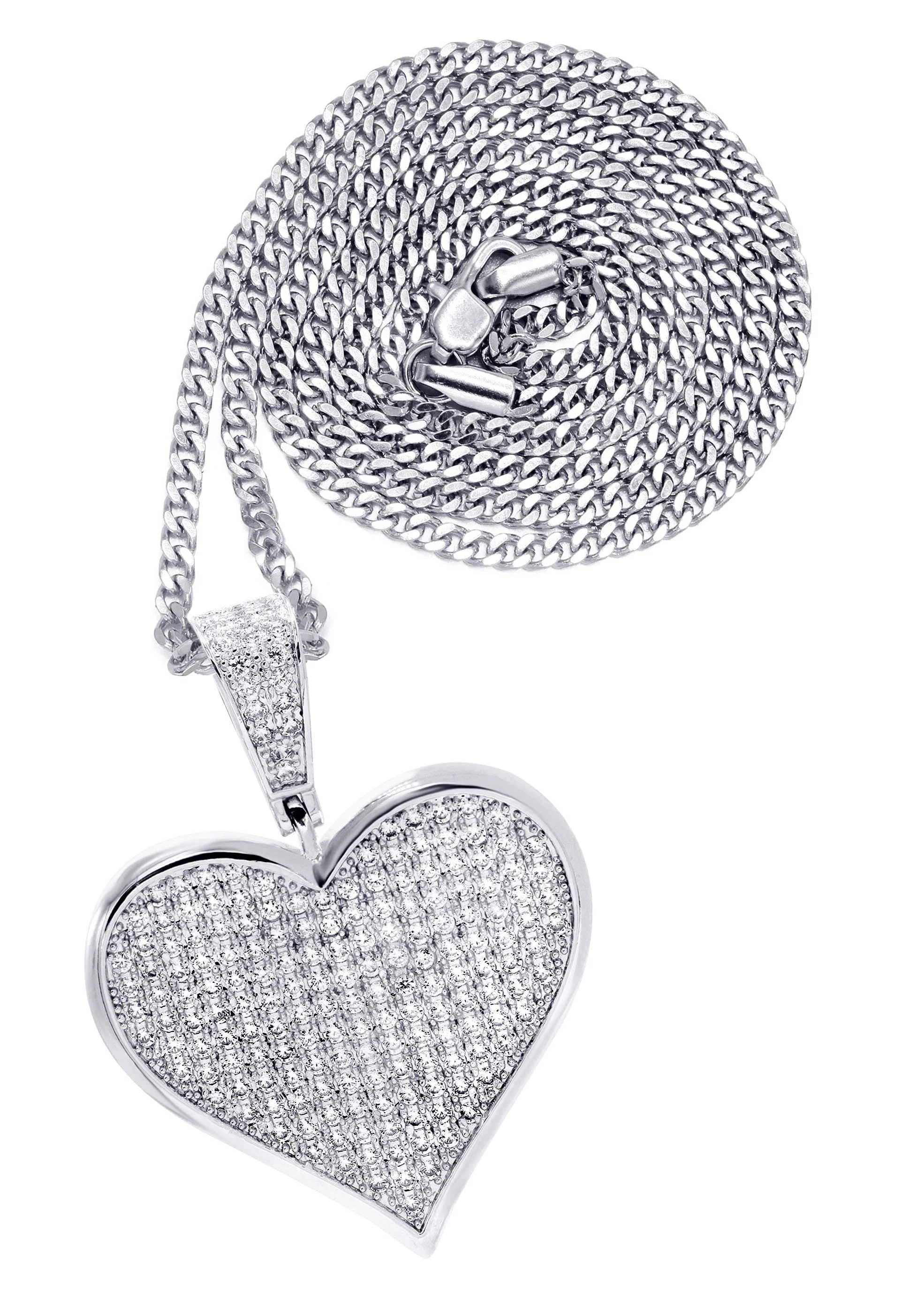 White Gold Plated Cuban Link Chain & Heart Pendant | Appx. 19.5 Grams