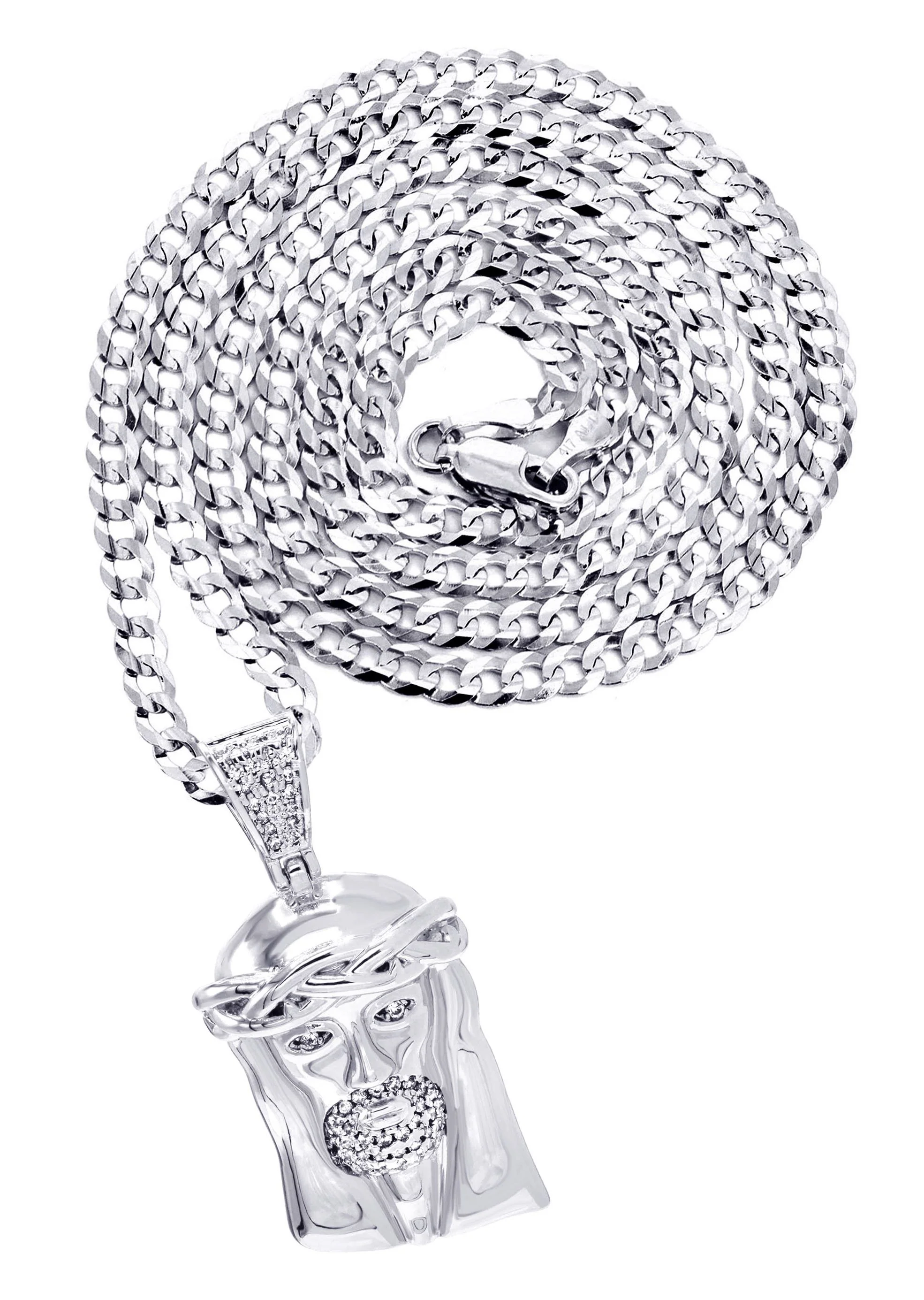 White Gold Plated Cuban Link Chain & Jesus Head Pendant | Appx. 20.1 Grams