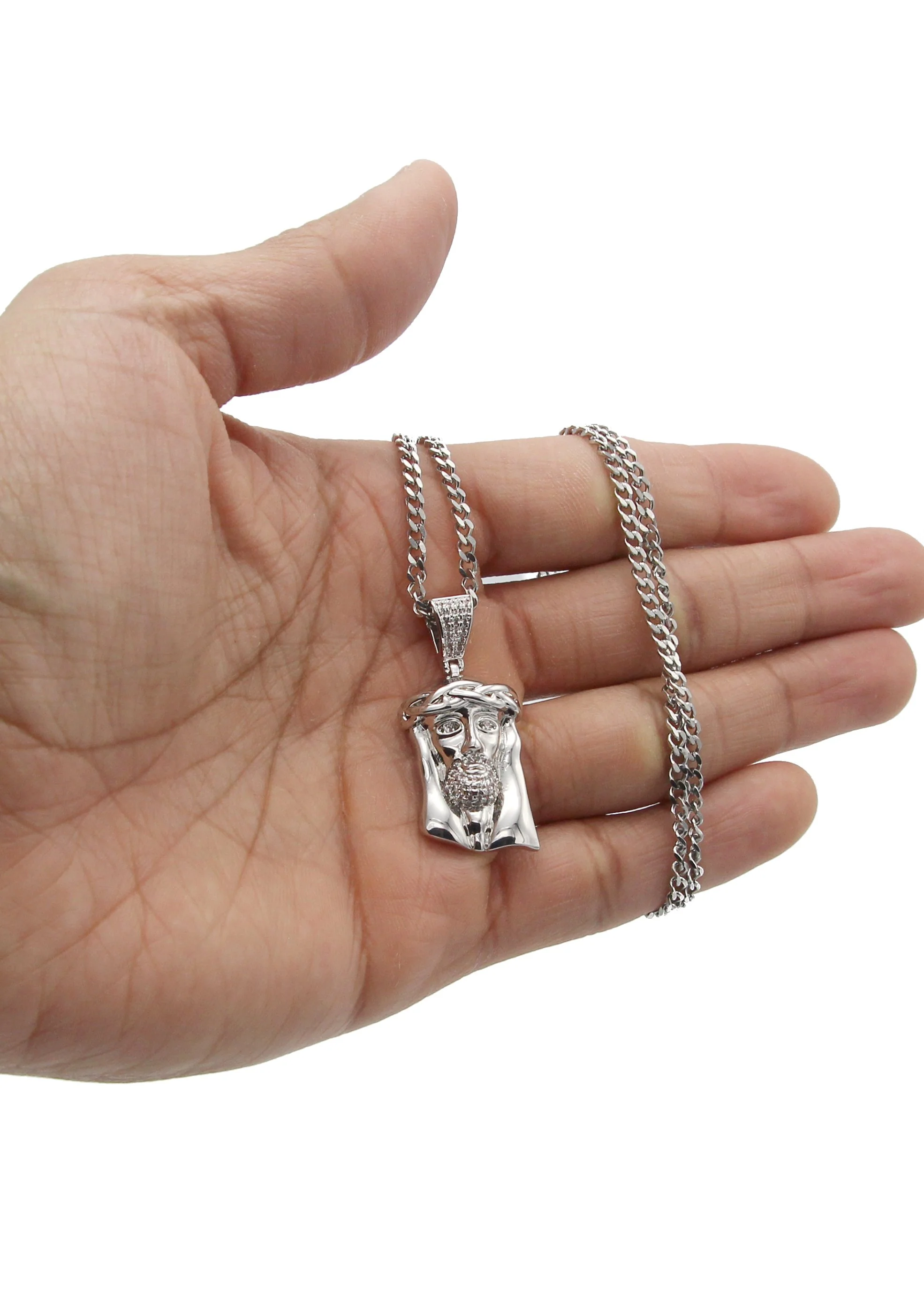 White Gold Plated Cuban Link Chain & Jesus Head Pendant | Appx. 20.1 Grams - Image 5