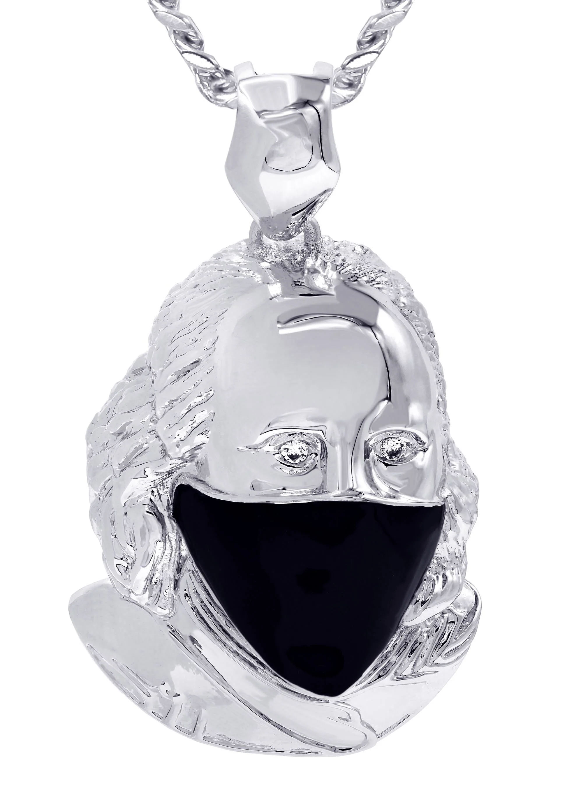 White Gold Plated Cuban Link Chain & Masked Benjamin Franklin Pendant | Appx. 32.1 Grams - Image 2