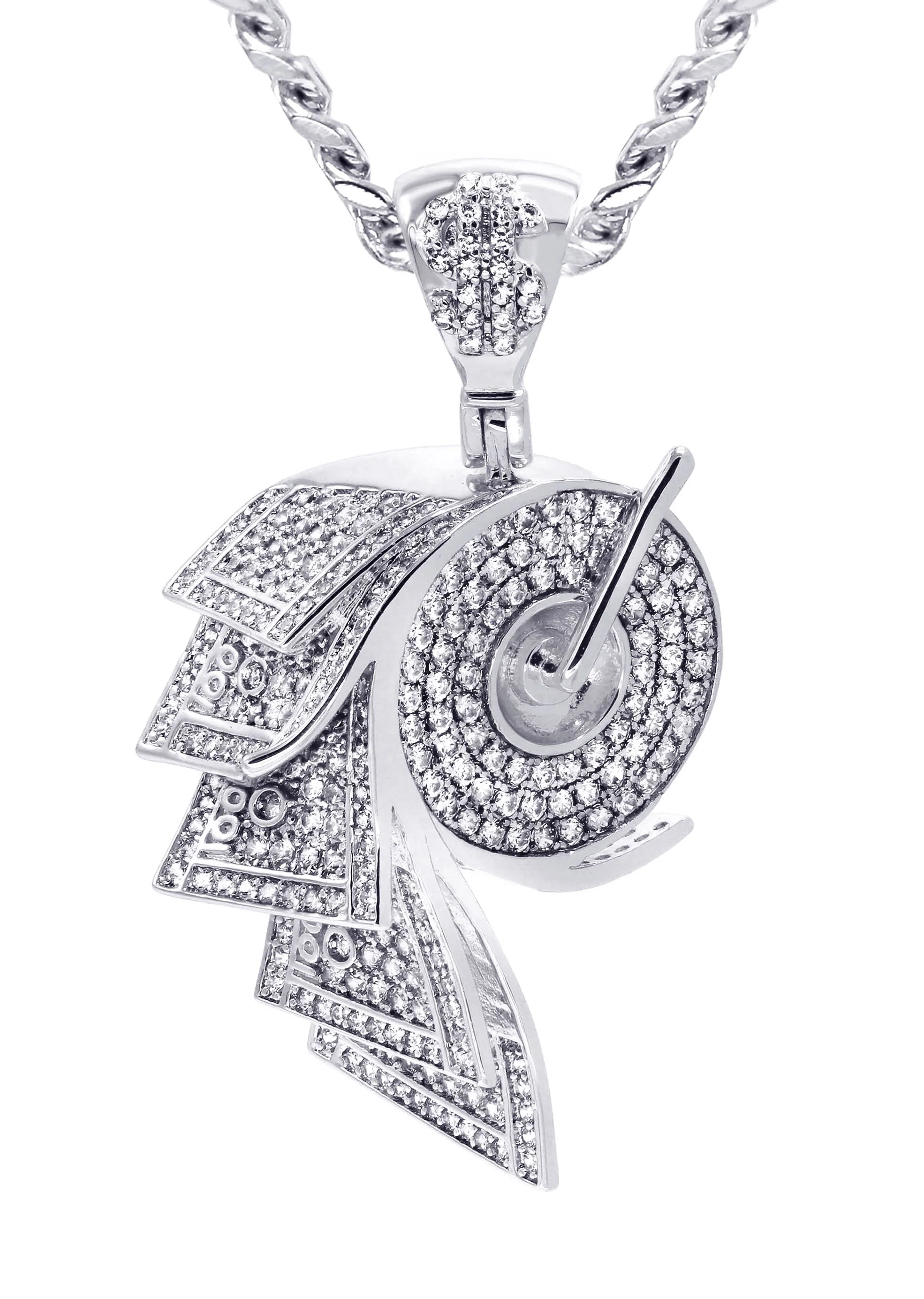 White Gold Plated Cuban Link Chain & Money Roll Pendant | Appx. 18 Grams - Image 2