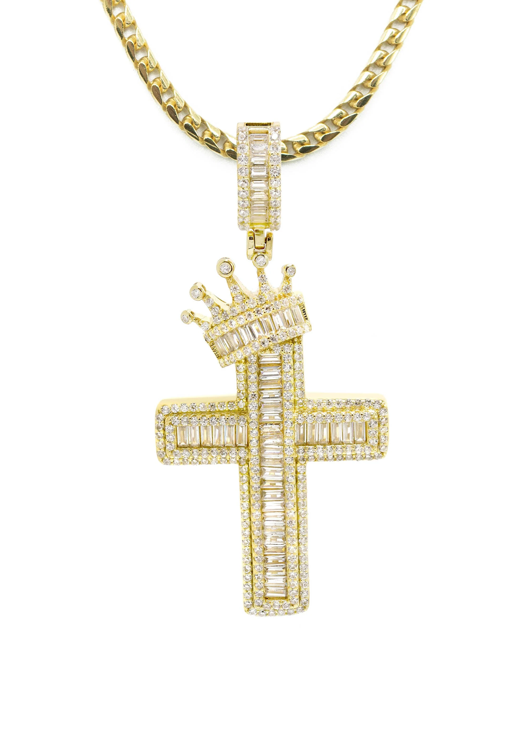 Silver Necklace - Gold Crown Cross Baguette Necklace  | 23.9 Grams - Image 2