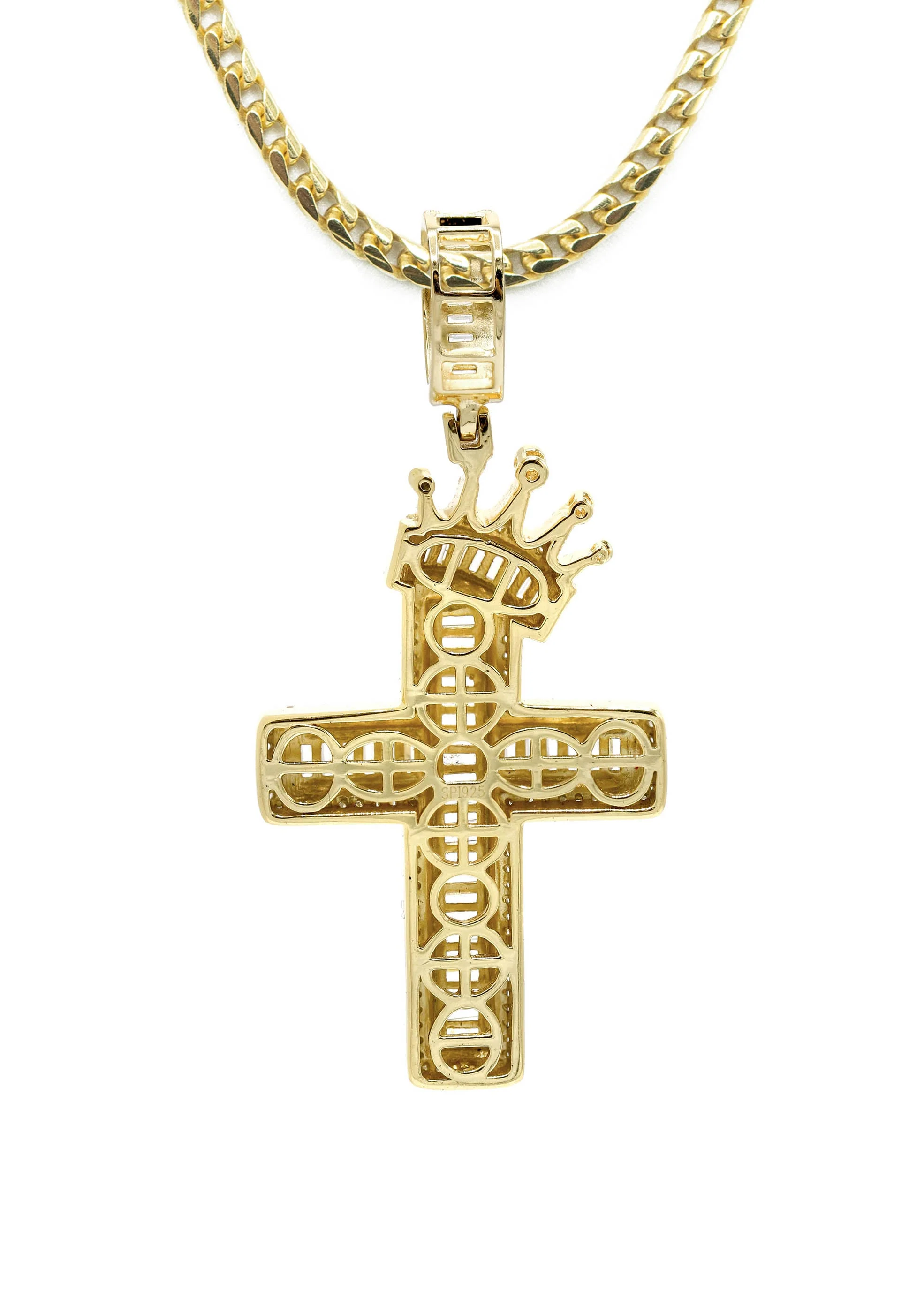 Silver Necklace - Gold Crown Cross Baguette Necklace  | 23.9 Grams - Image 3