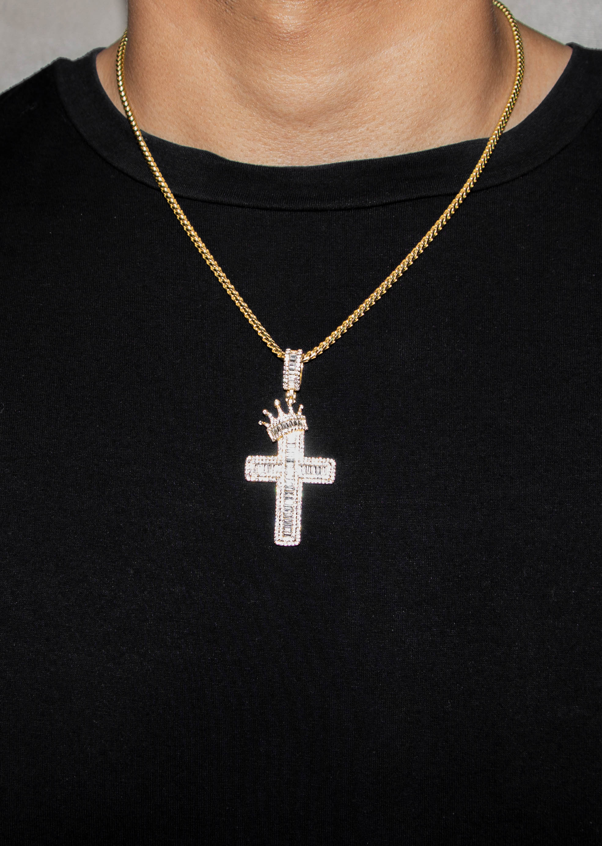 Silver Necklace - Gold Crown Cross Baguette Necklace  | 23.9 Grams - Image 5