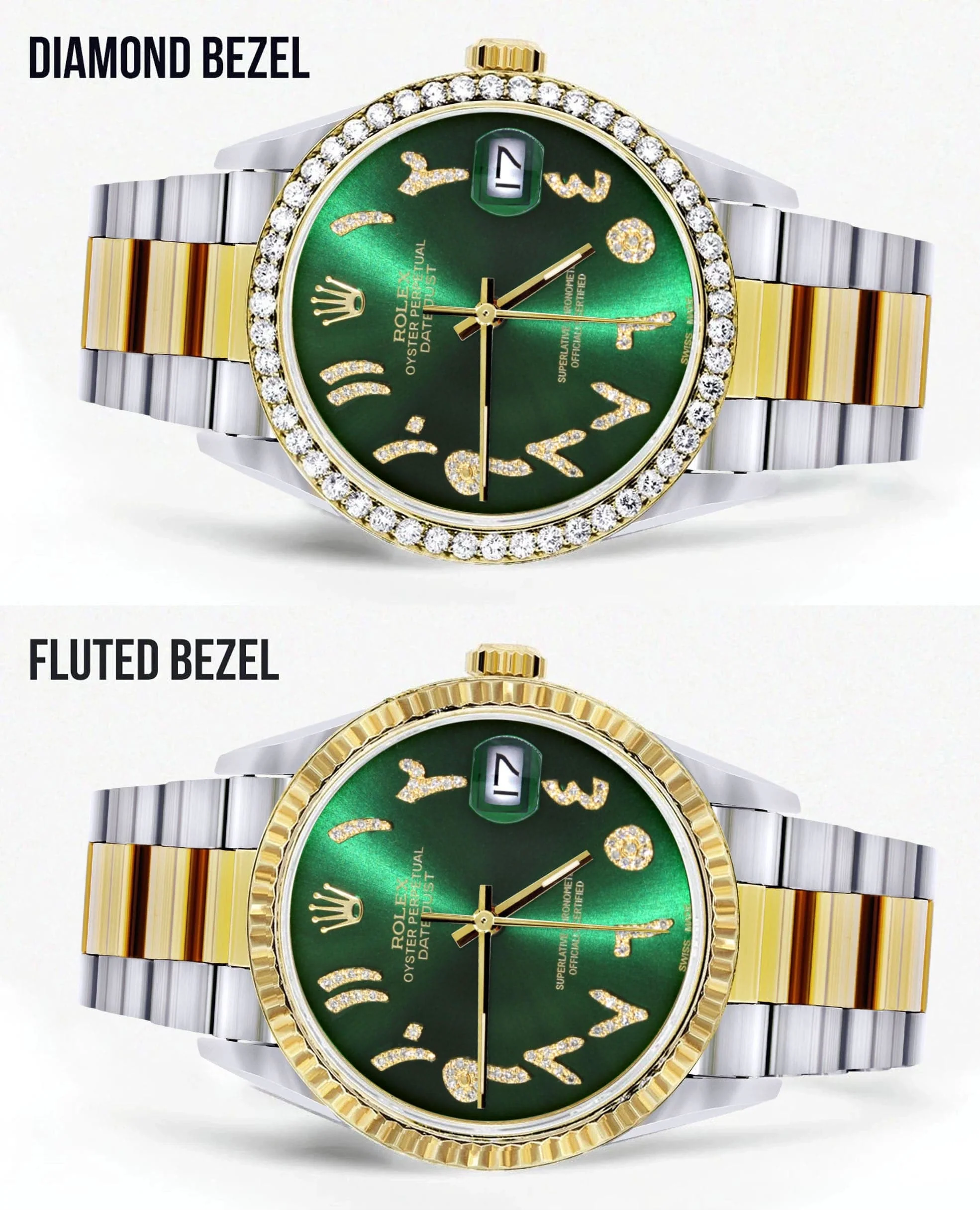 Gold & Steel Rolex Datejust Watch 16233 for Men | 36Mm | Green Arabic Diamond Dial | Oyster Band - Image 2