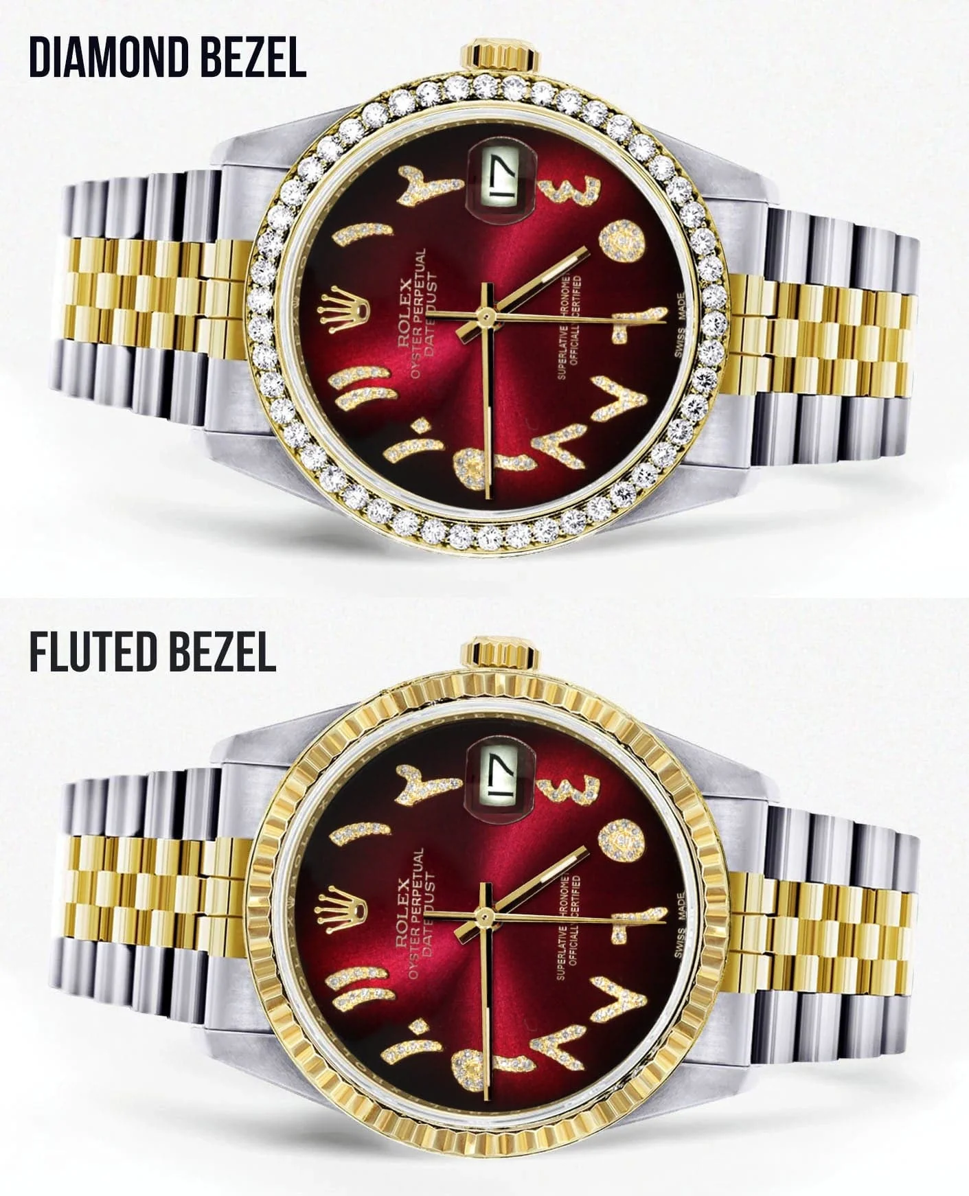 Gold & Steel Rolex Datejust Watch 16233 for Men  | 36Mm | Red Black Arabic Diamond Dial | Jubilee Band - Image 2