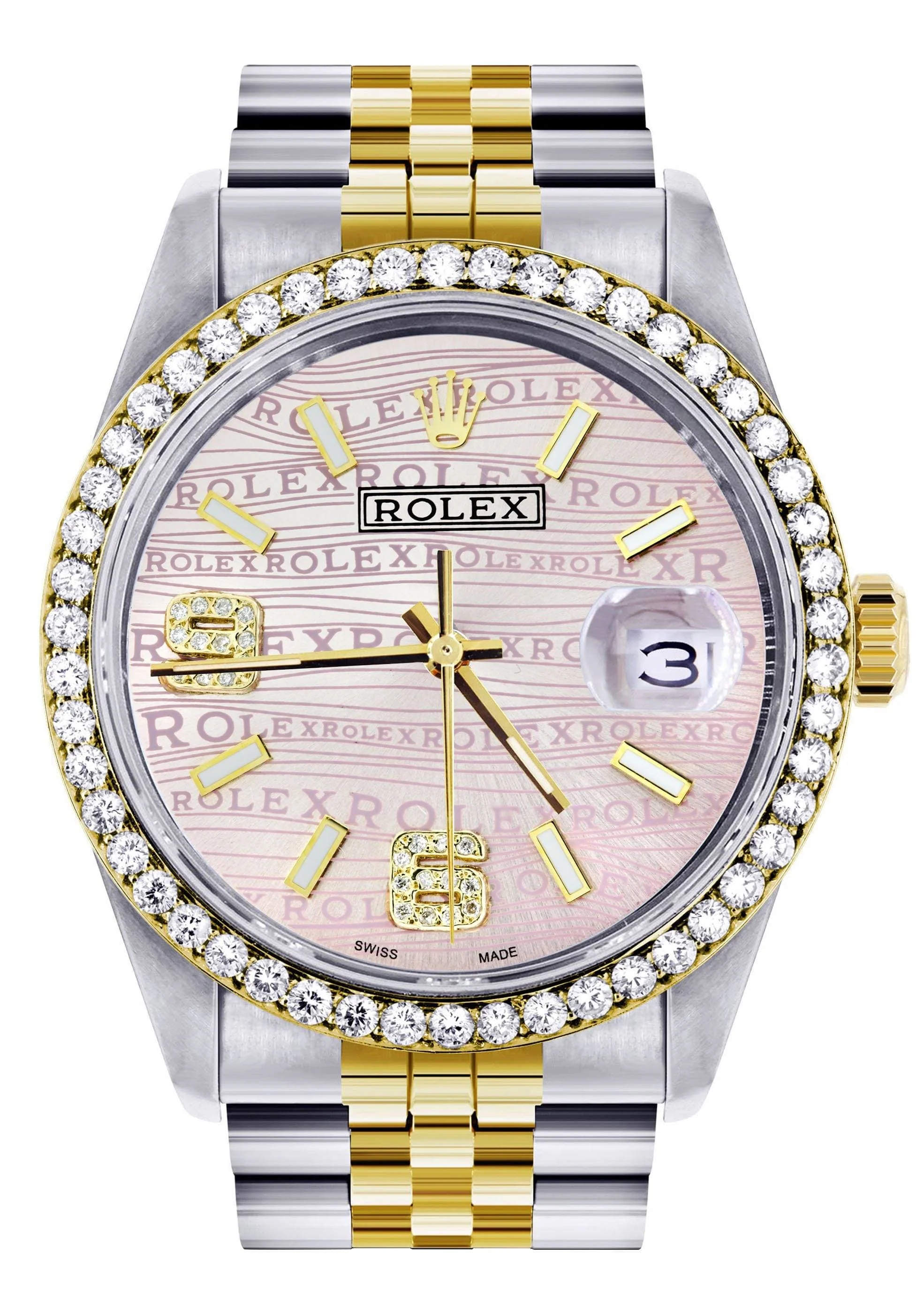 Gold & Steel Rolex Datejust Watch 16233 for Men | 36Mm | Custom Diamond Pink Dial | Jubilee Band