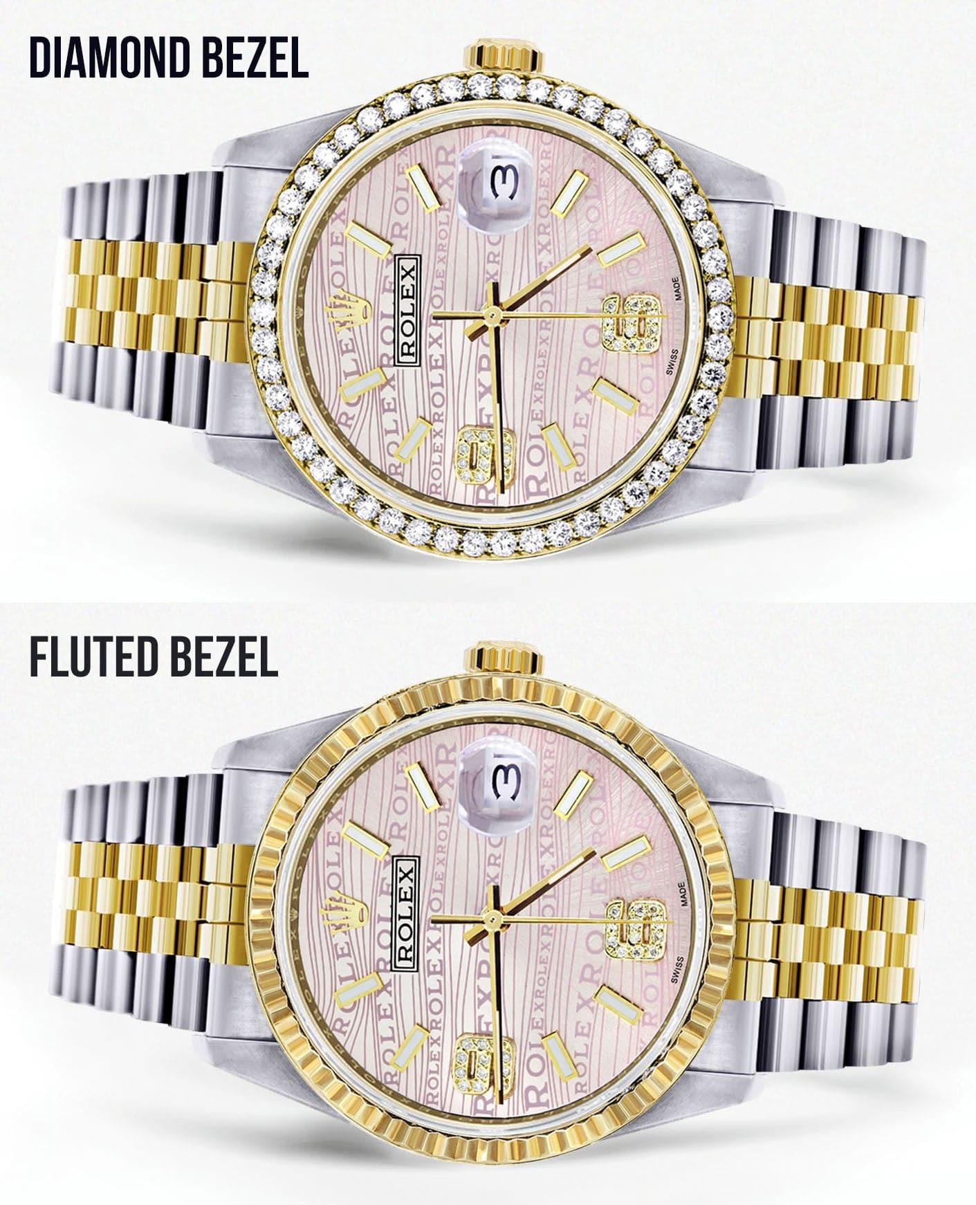 Gold & Steel Rolex Datejust Watch 16233 for Men | 36Mm | Custom Diamond Pink Dial | Jubilee Band - Image 2
