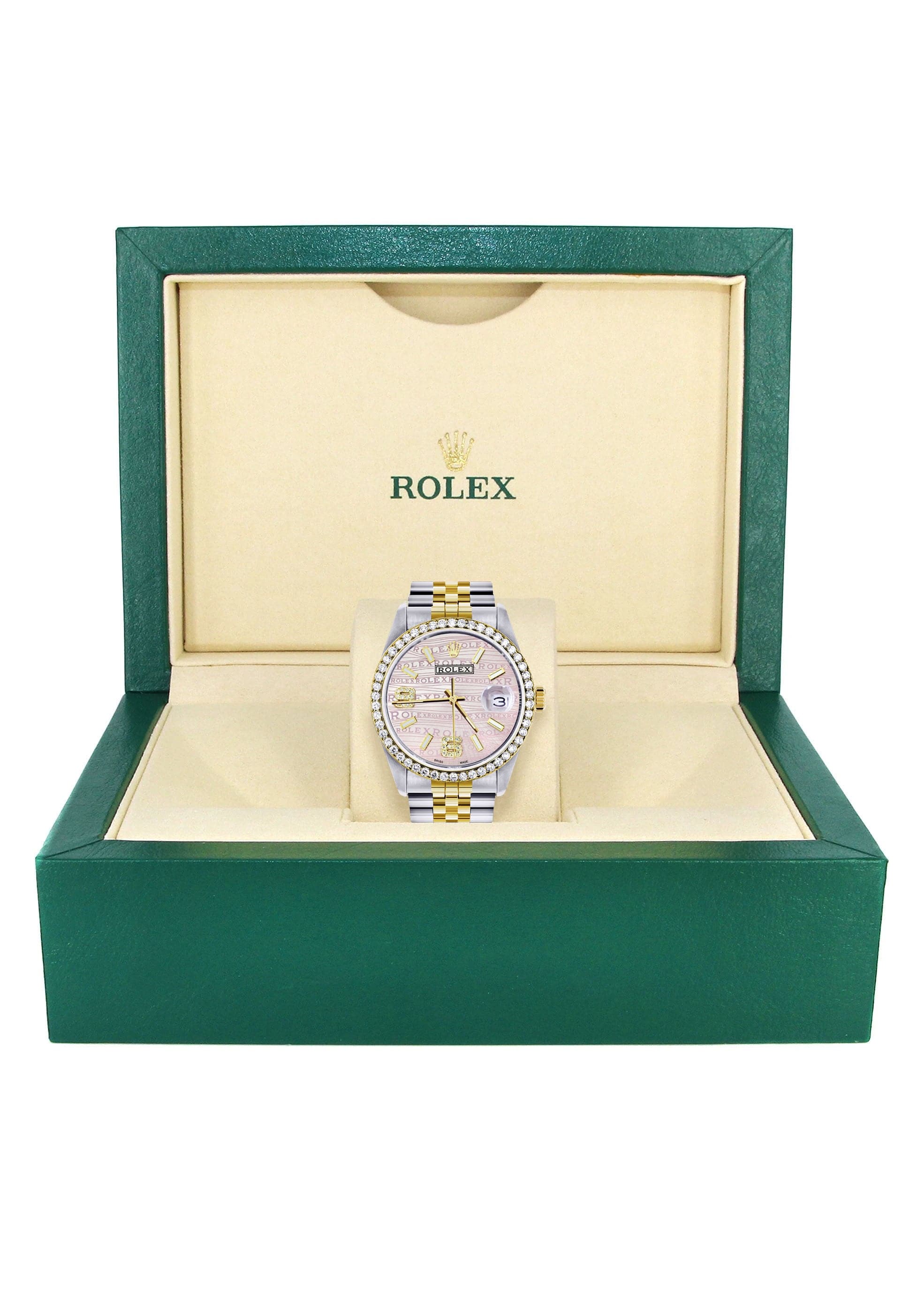 Gold & Steel Rolex Datejust Watch 16233 for Men | 36Mm | Custom Diamond Pink Dial | Jubilee Band - Image 7
