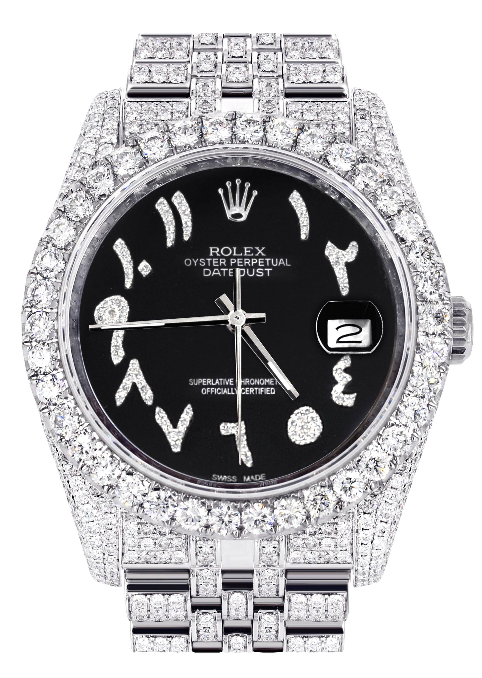 Iced Out Rolex Datejust 36 MM | Stainless Steel | 10 Carats of Diamonds | Black Arabic Diamond Dial | Jubilee Band