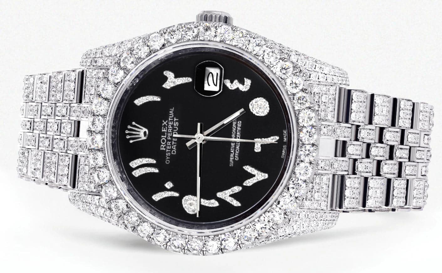 Iced Out Rolex Datejust 36 MM | Stainless Steel | 10 Carats of Diamonds | Black Arabic Diamond Dial | Jubilee Band - Image 2