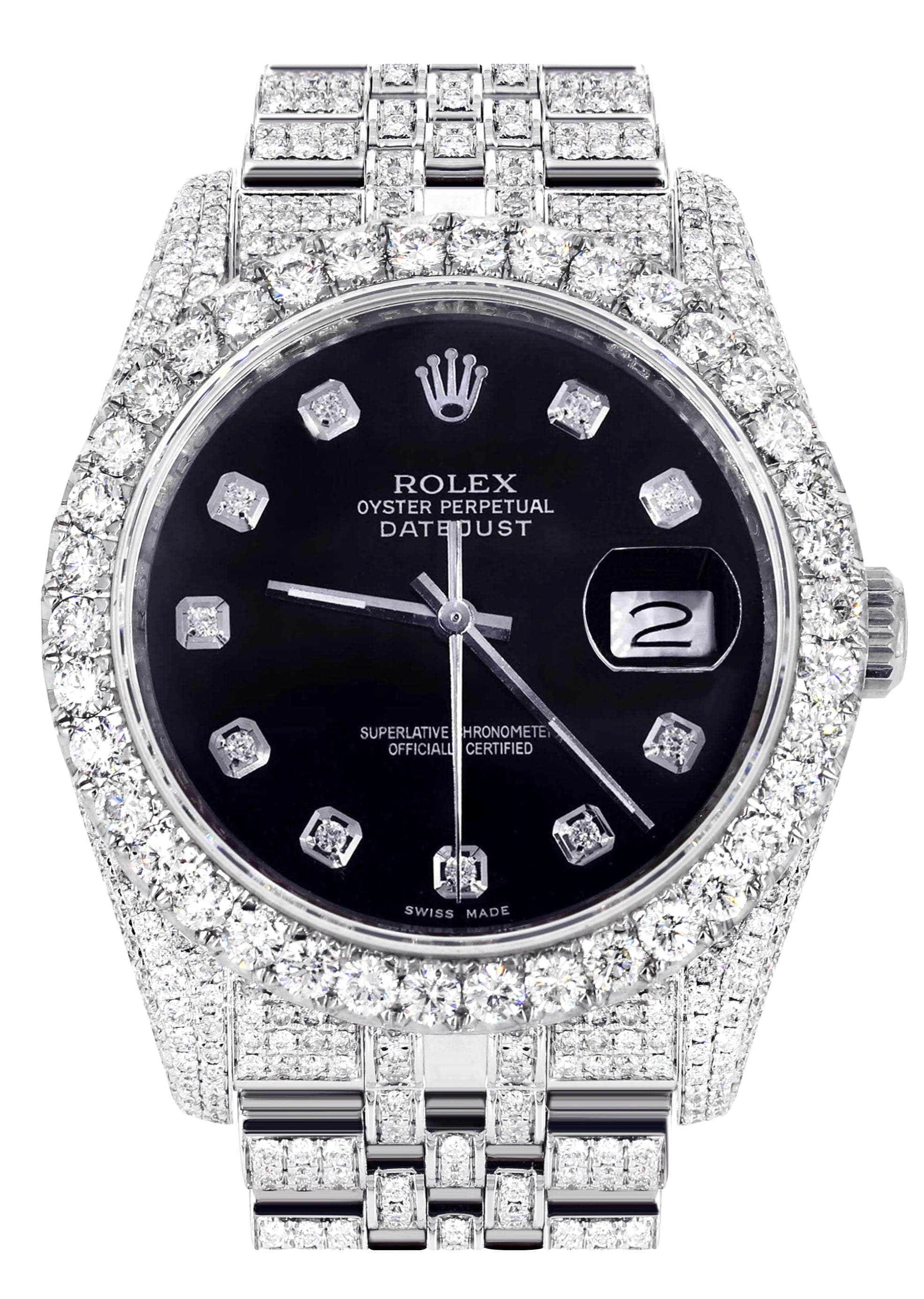 Iced Out Rolex Datejust 36 MM | Stainless Steel | 16.5 Carats of Diamonds | Black Dial | Jubilee Band | Model 116200