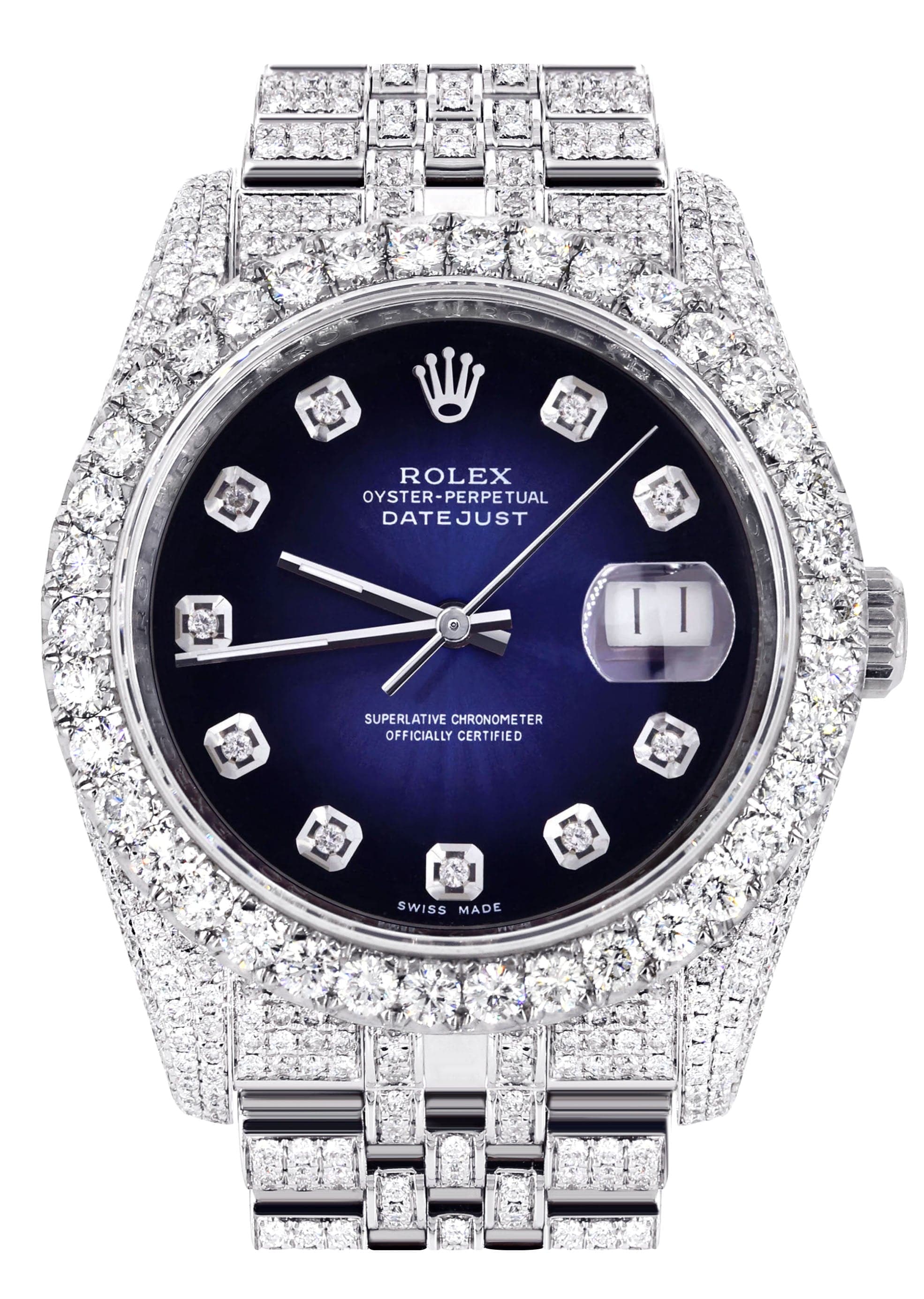 Iced Out Rolex Datejust 36 MM | Stainless Steel | 16.5 Carats of Diamonds | Blue Black Diamond Dial | Jubilee Band | Model 116200