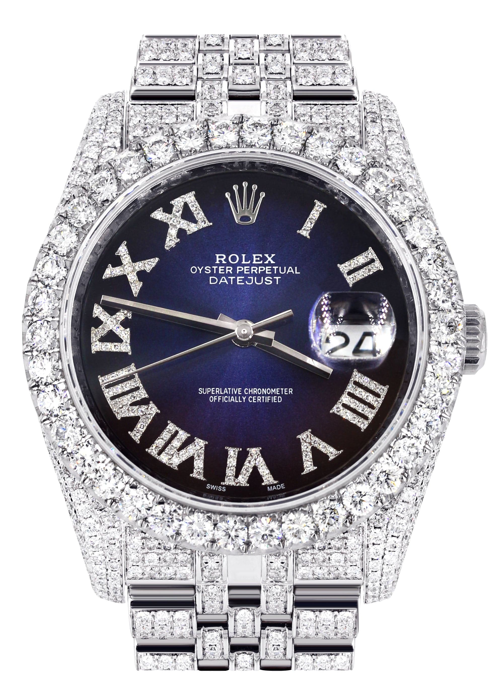 Iced Out Rolex Datejust 36 MM | Stainless Steel | 16.5 Carats of Diamonds | Blue Black Roman Diamond Dial | Jubilee Band