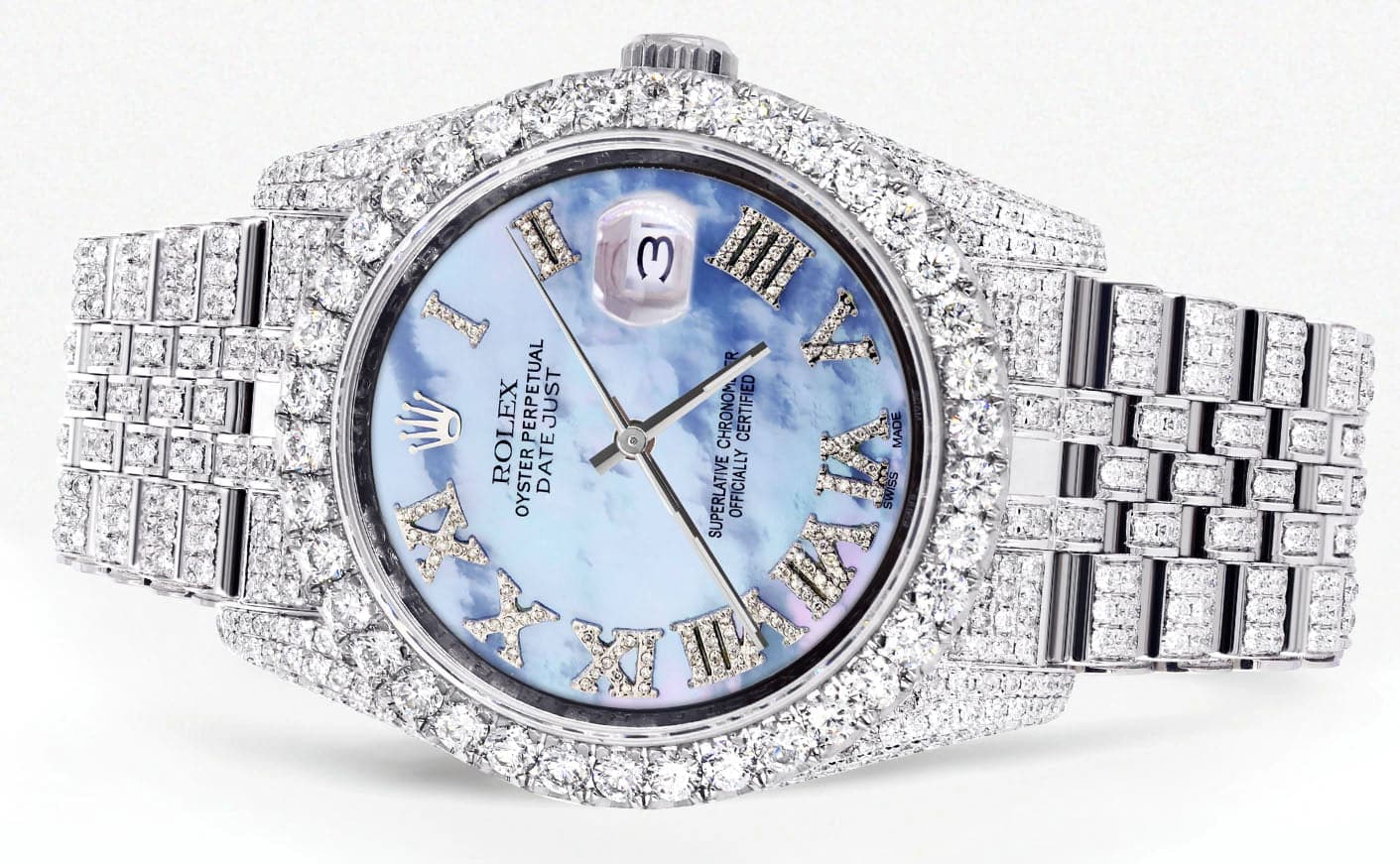 Iced Out Rolex Datejust 36 MM | Stainless Steel | 16.5 Carats of Diamonds | Blue Mother of Pearl Roman Diamond Dial | Jubilee Band | Model 116200 - Image 2