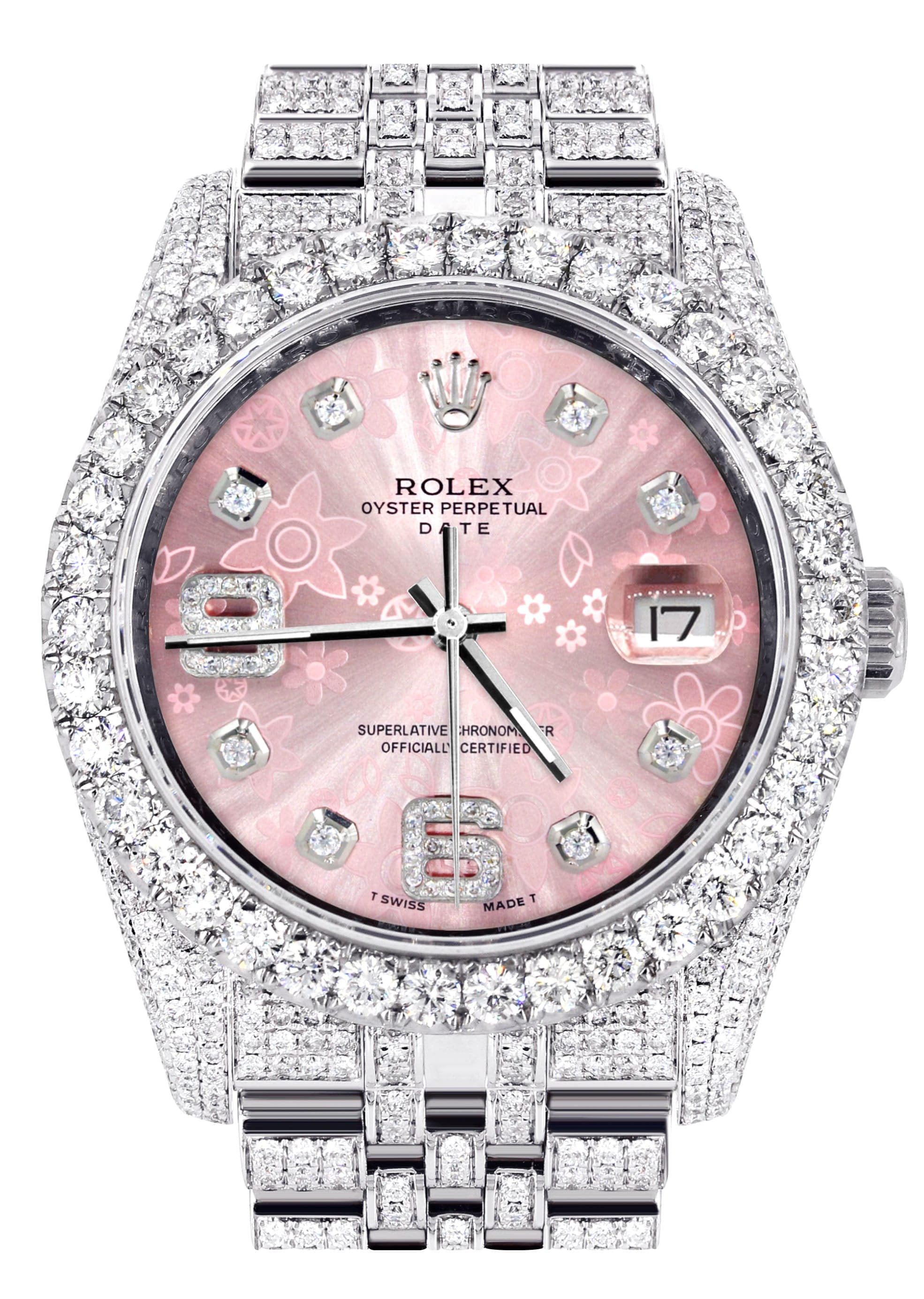 Iced Out Rolex Datejust 36 MM | Stainless Steel | 10 Carats of Diamonds | Floral Pink Roman Diamond Dial | Jubilee Band
