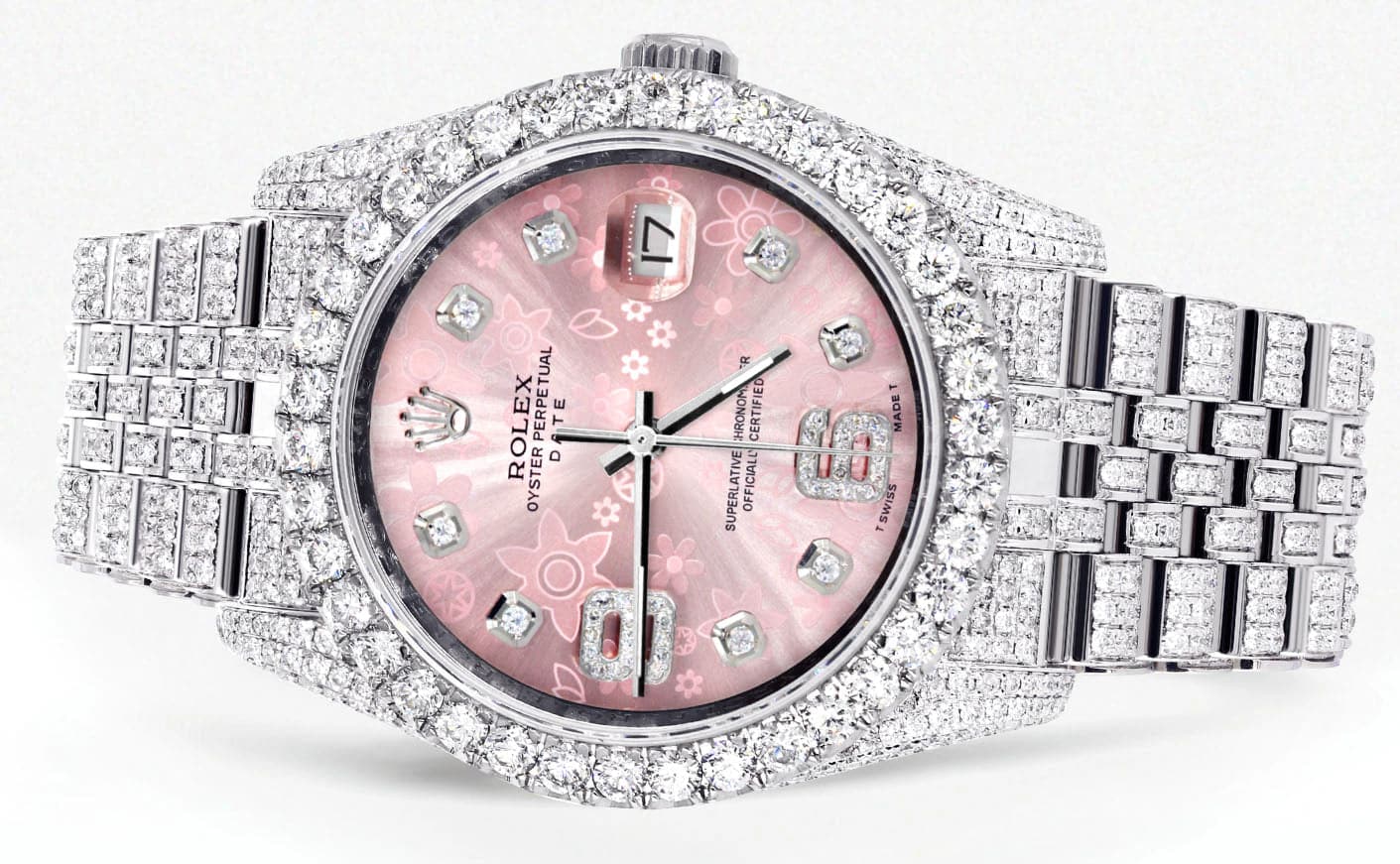Iced Out Rolex Datejust 36 MM | Stainless Steel | 10 Carats of Diamonds | Floral Pink Roman Diamond Dial | Jubilee Band - Image 2