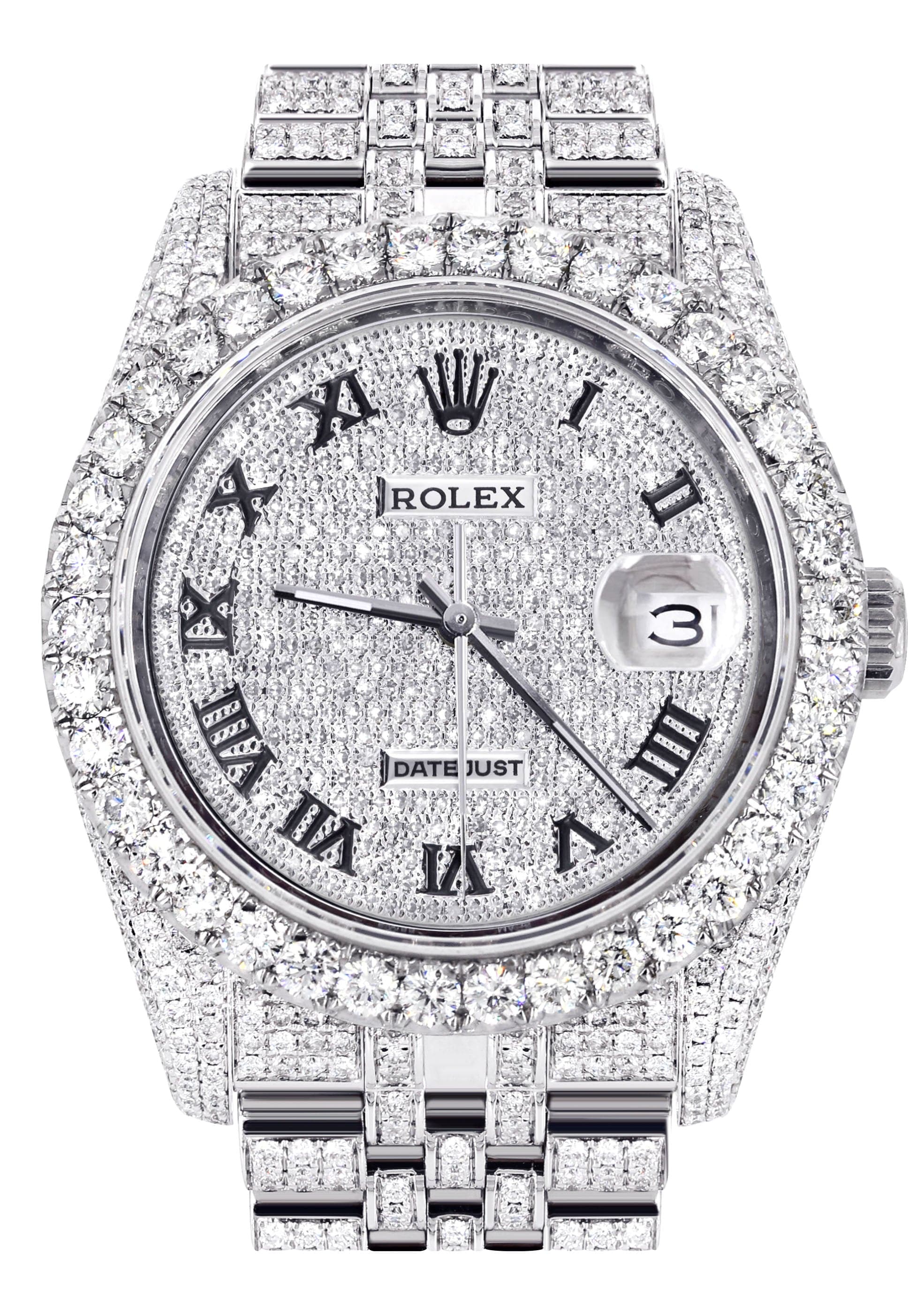 Iced Out Rolex Datejust 36 MM | Stainless Steel | 16.5 Carats of Diamonds | Full Diamond Roman Diamond Dial | Jubilee Band | Model 116200