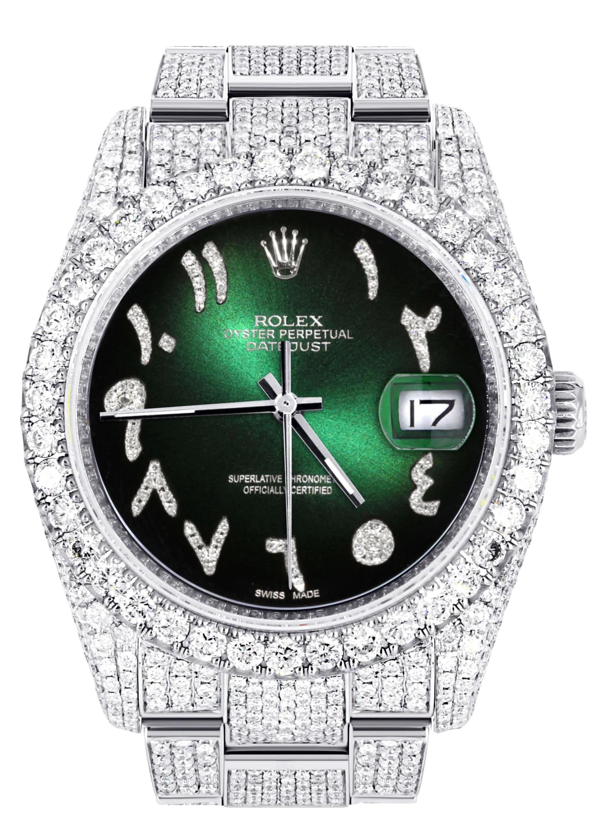 Iced Out Rolex Datejust 36 MM | Stainless Steel | 16.5 Carats of Diamonds | Green Black Arabic Diamond Dial | Oyster Band | Model 116200