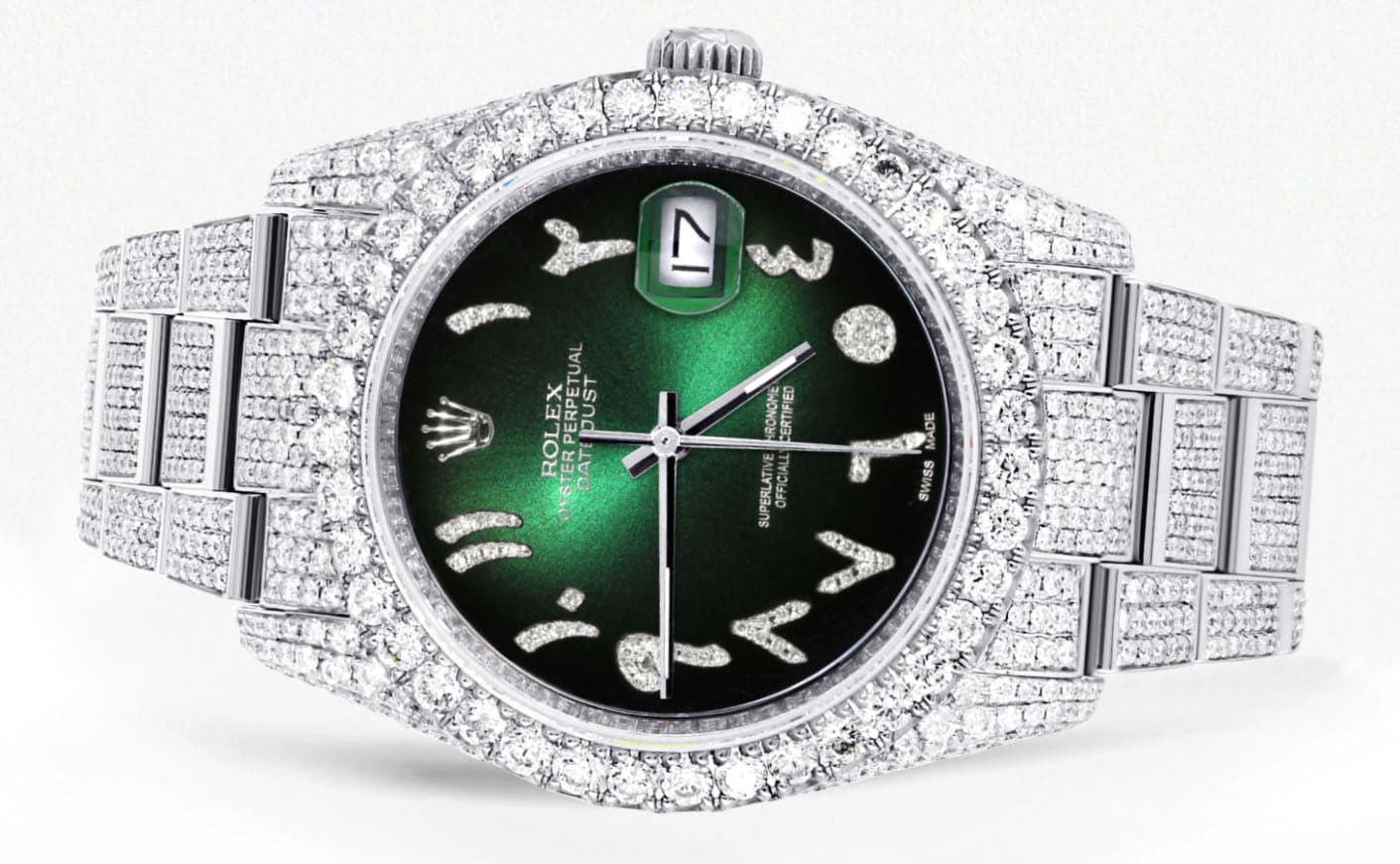 Iced Out Rolex Datejust 36 MM | Stainless Steel | 16.5 Carats of Diamonds | Green Black Arabic Diamond Dial | Oyster Band | Model 116200 - Image 2