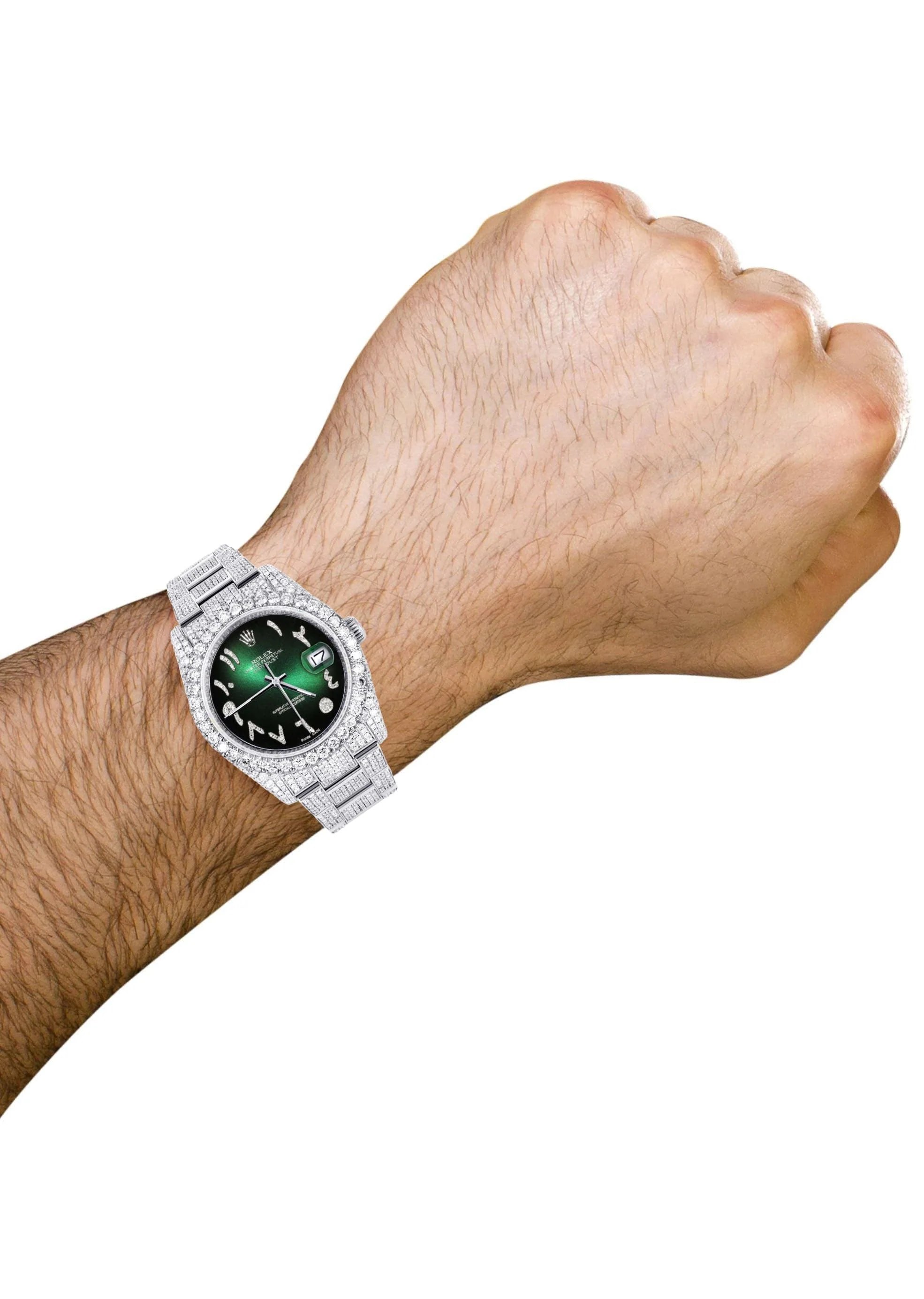 Iced Out Rolex Datejust 36 MM | Stainless Steel | 16.5 Carats of Diamonds | Green Black Arabic Diamond Dial | Oyster Band | Model 116200 - Image 3