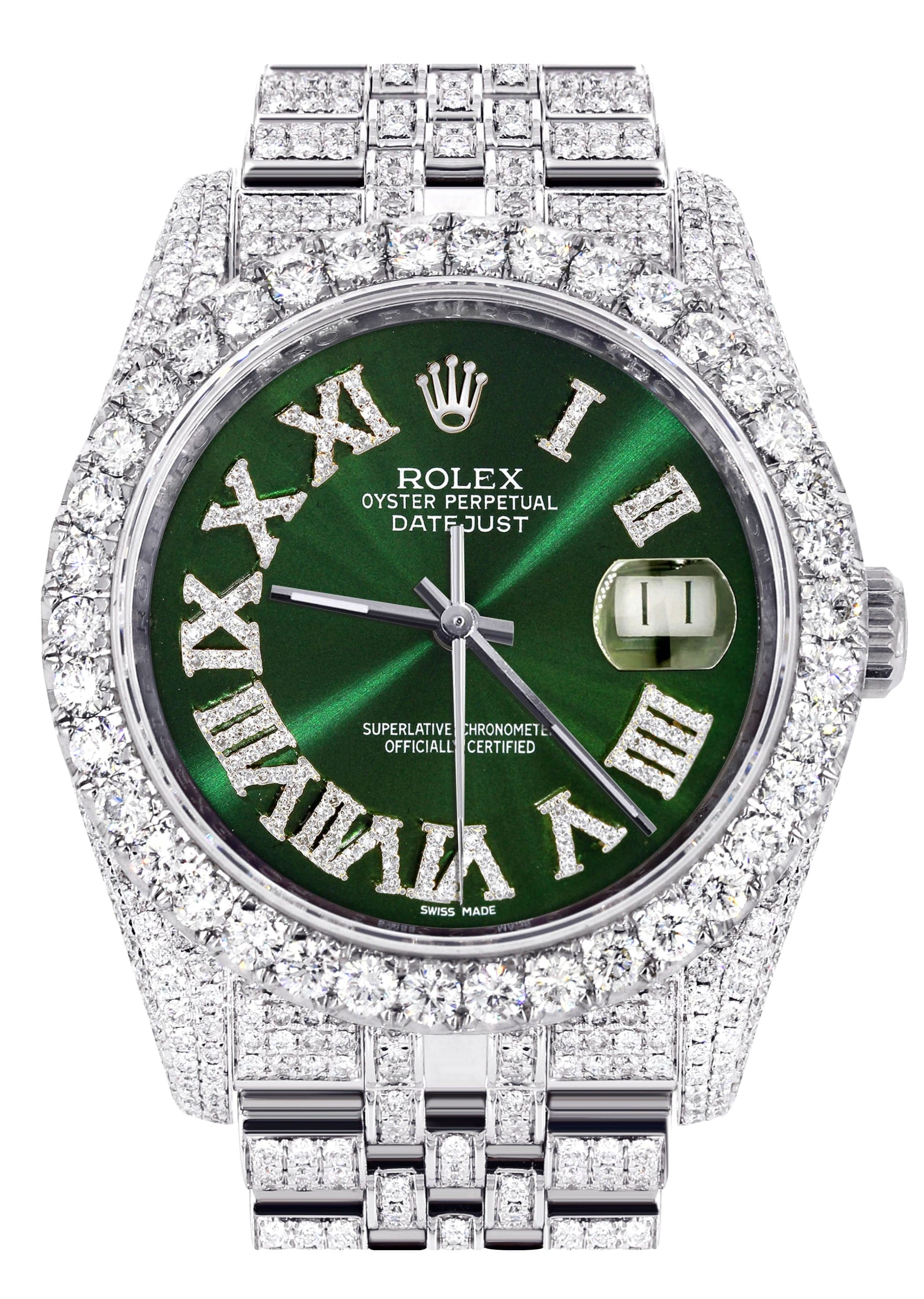 Iced Out Rolex Datejust 36 MM | Stainless Steel | 16.5 Carats of Diamonds | Green Roman Diamond Dial | Jubilee Band | Model 116200