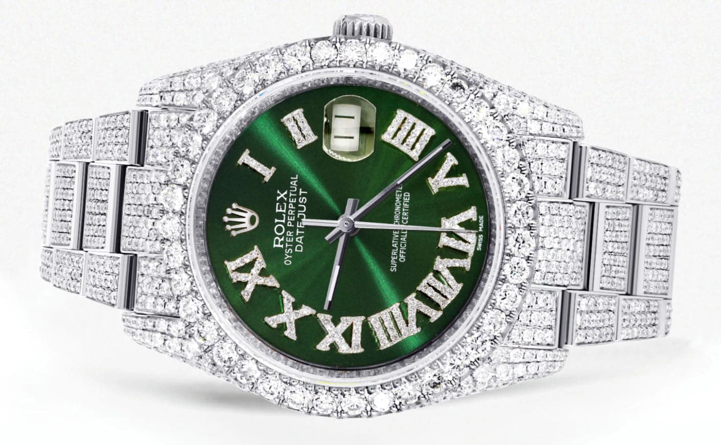 Iced Out Rolex Datejust 36 MM | Stainless Steel | 16.5 Carats of Diamonds | Green Roman Diamond Dial | Oyster Band | Model 116200 - Image 2