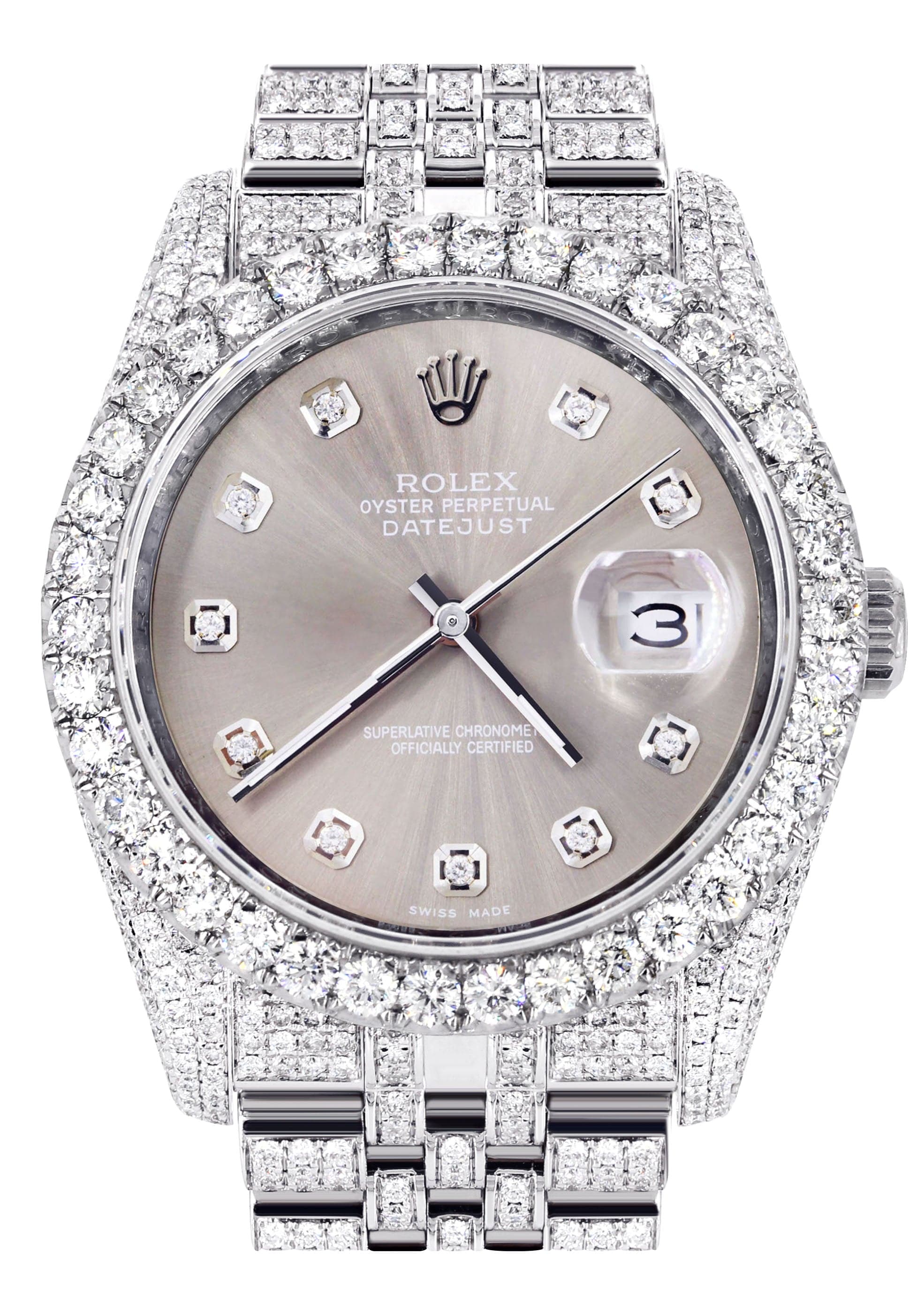 Iced Out Rolex Datejust 36 MM | Stainless Steel | 16.5 Carats of Diamonds | Grey Diamond Dial | Jubilee Band | Model 116200