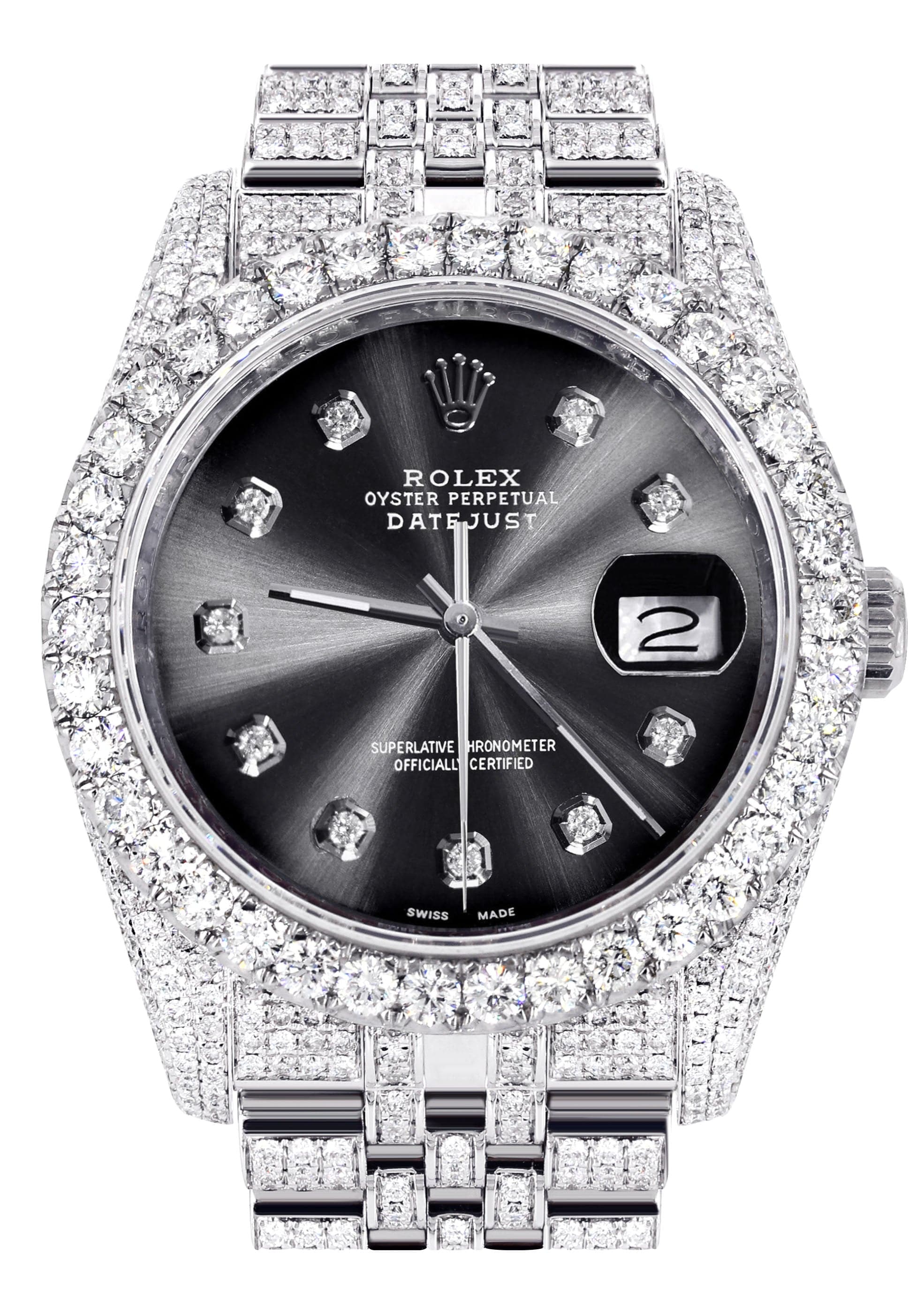 Iced Out Rolex Datejust 36 MM | Stainless Steel | 16.5 Carats of Diamonds | Jet Black Diamond Dial | Jubilee Band | Model 116200